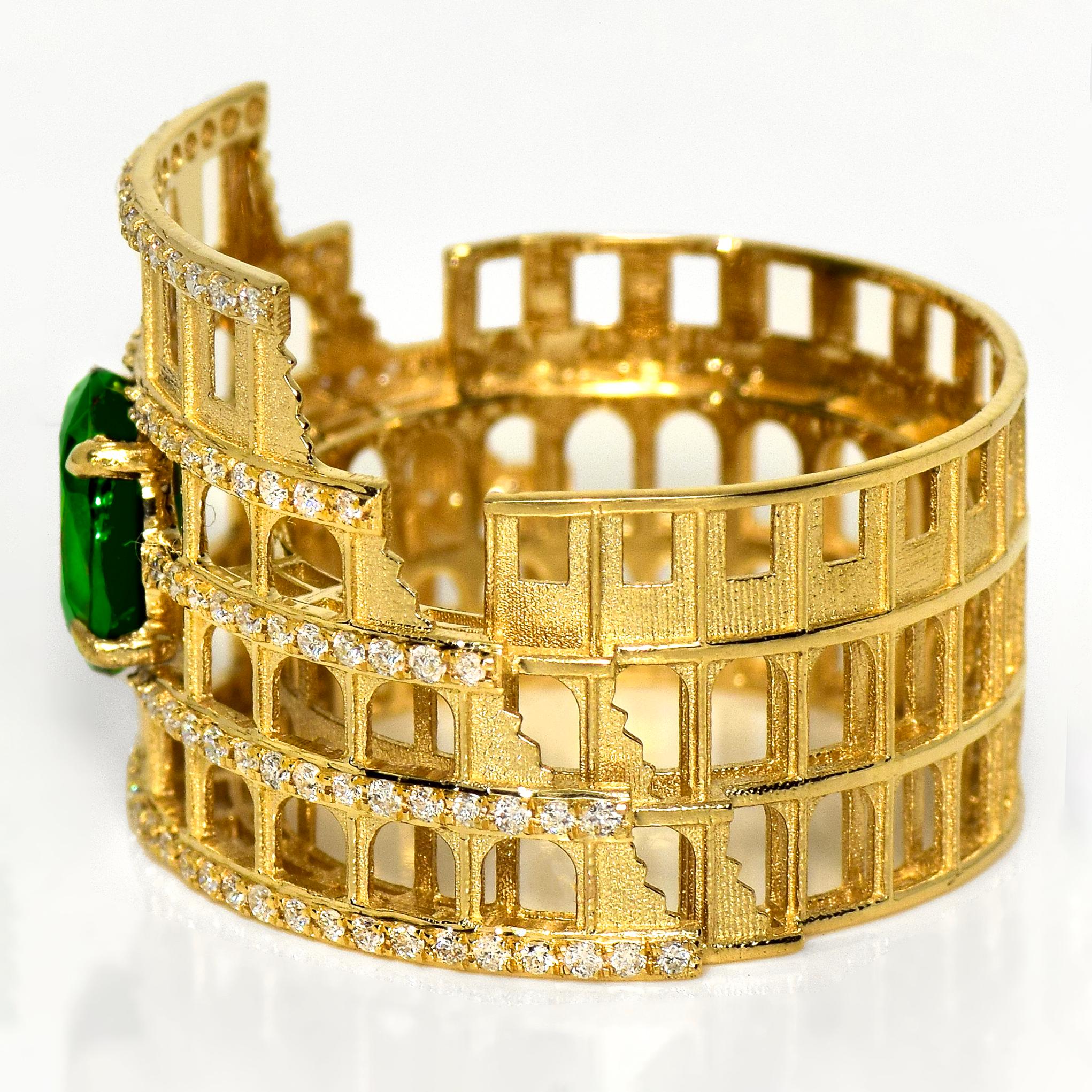 Taglio ovale Anello di fidanzamento Art Deco IGI da 1,41 ct in oro giallo 14 carati con tsavorite verde vivo in vendita