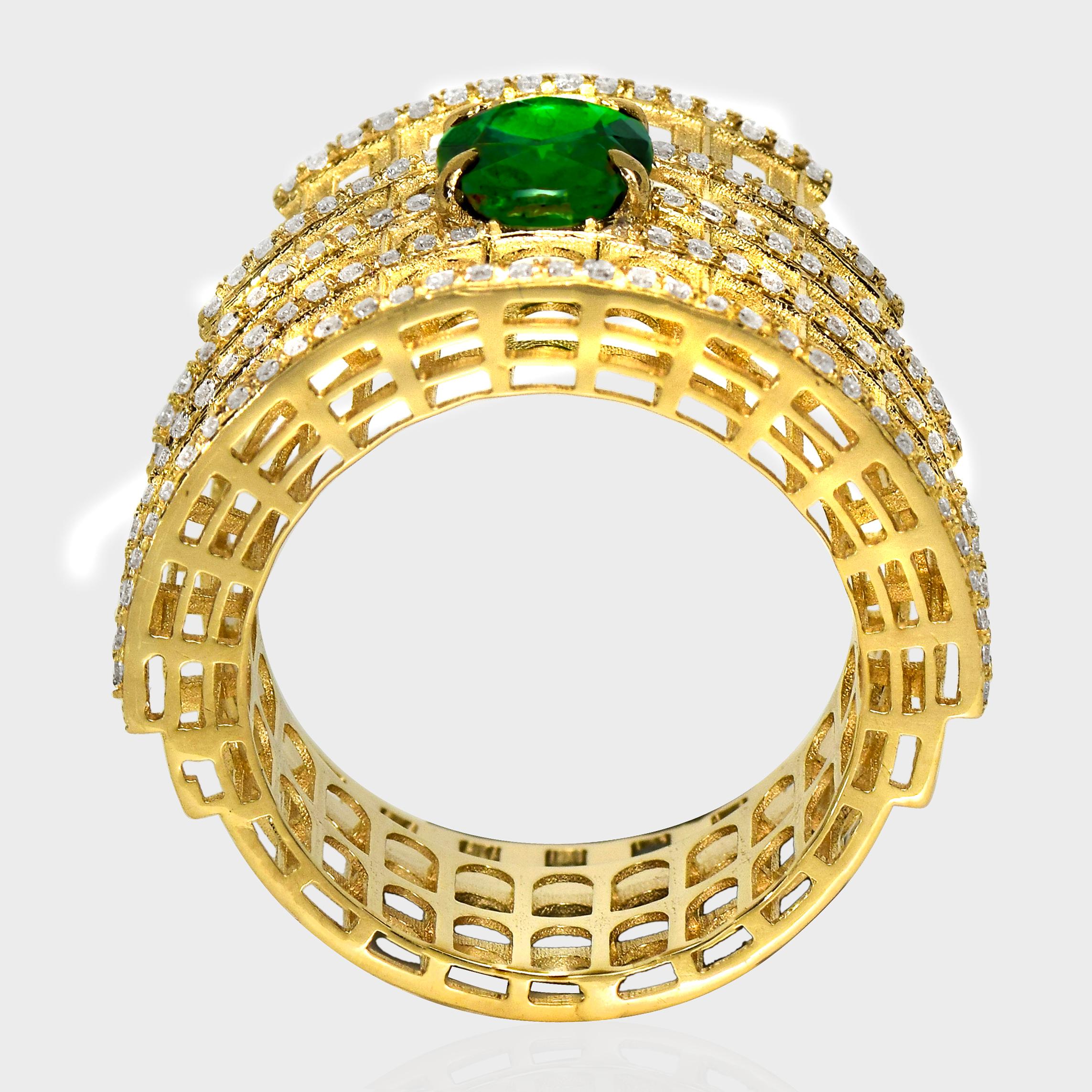Donna Anello di fidanzamento Art Deco IGI da 1,41 ct in oro giallo 14 carati con tsavorite verde vivo in vendita