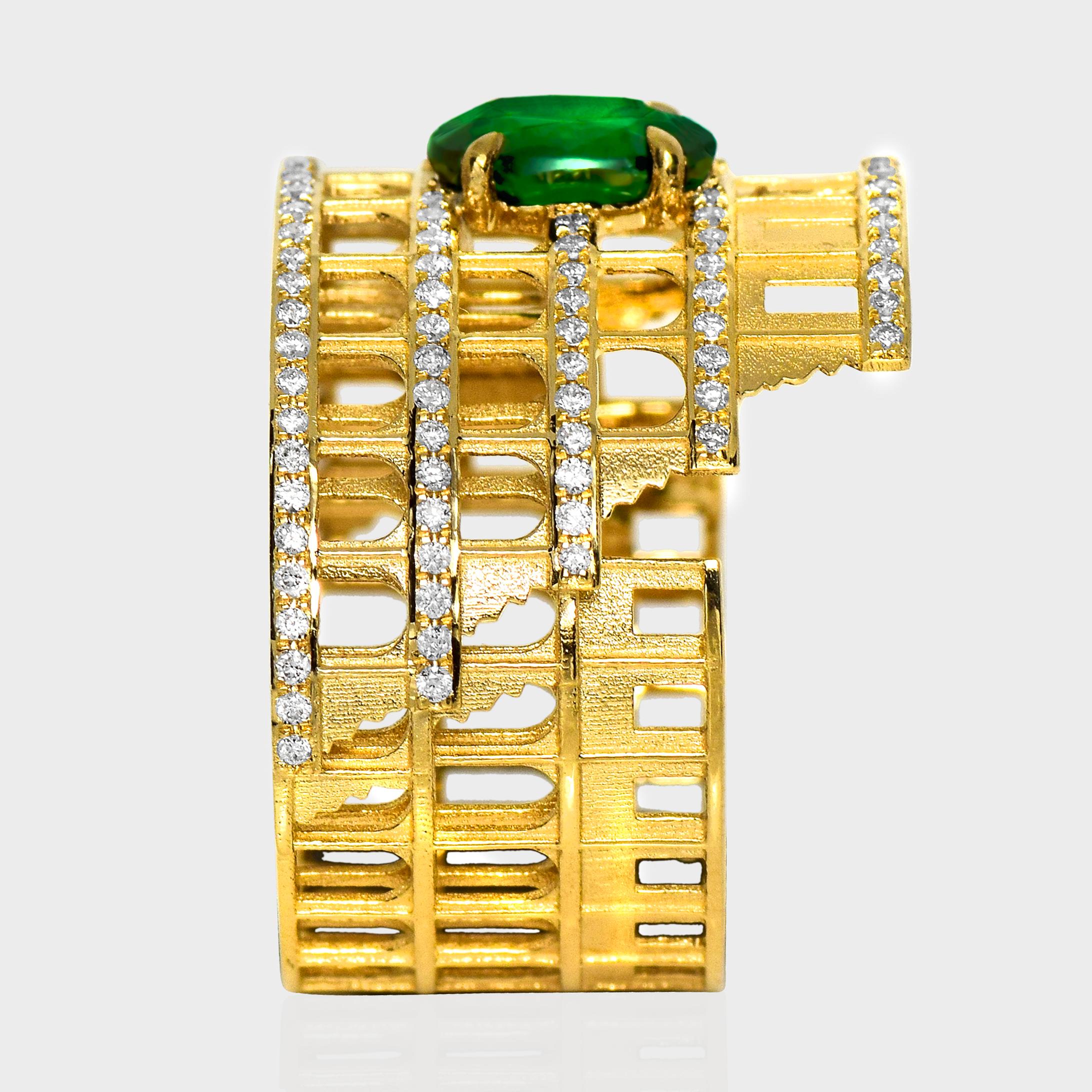 Anello di fidanzamento Art Deco IGI da 1,41 ct in oro giallo 14 carati con tsavorite verde vivo in vendita 1