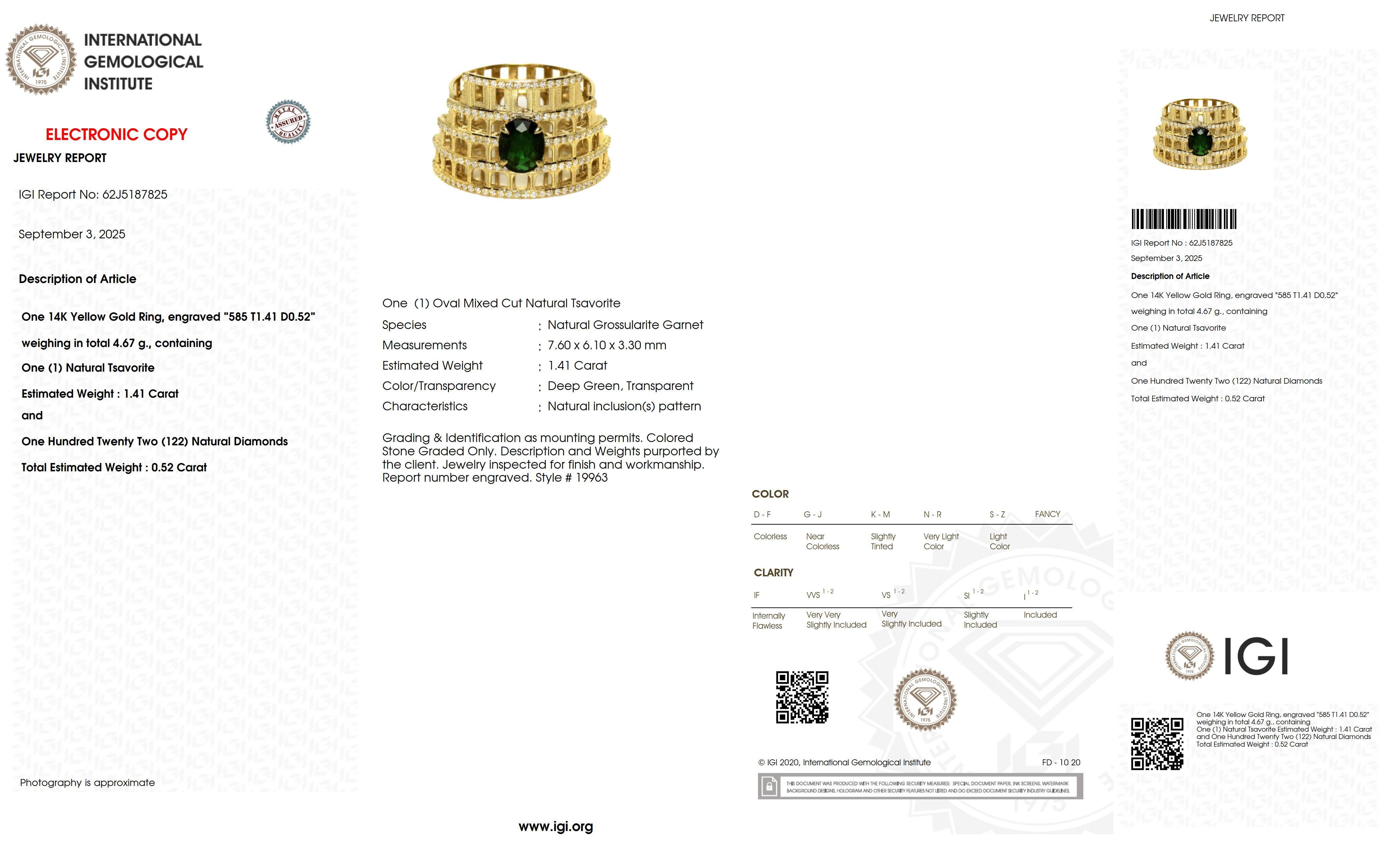 Anello di fidanzamento Art Deco IGI da 1,41 ct in oro giallo 14 carati con tsavorite verde vivo in vendita 2