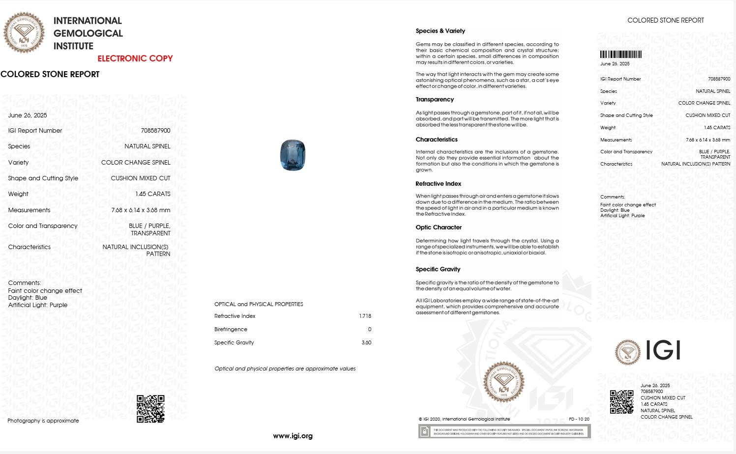 IGI 1.45ct Greenish Blue Spinel, bright Teal blue spinel (7.7x6.1x3.7mm) For Sale 4