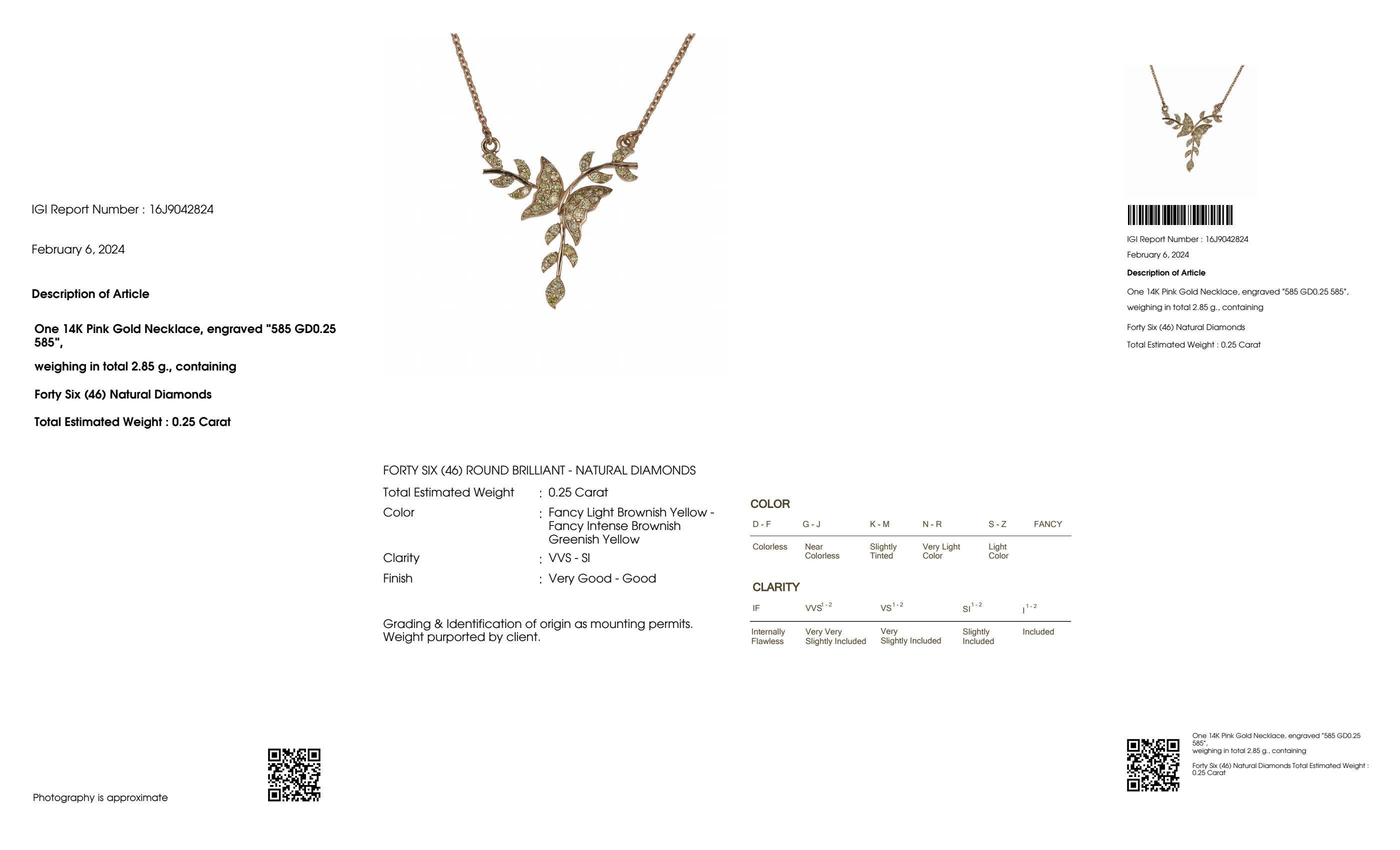 IGI 14K 0.25 ct Natural Greenish Yellow Diamonds Branches Design Necklace For Sale 1