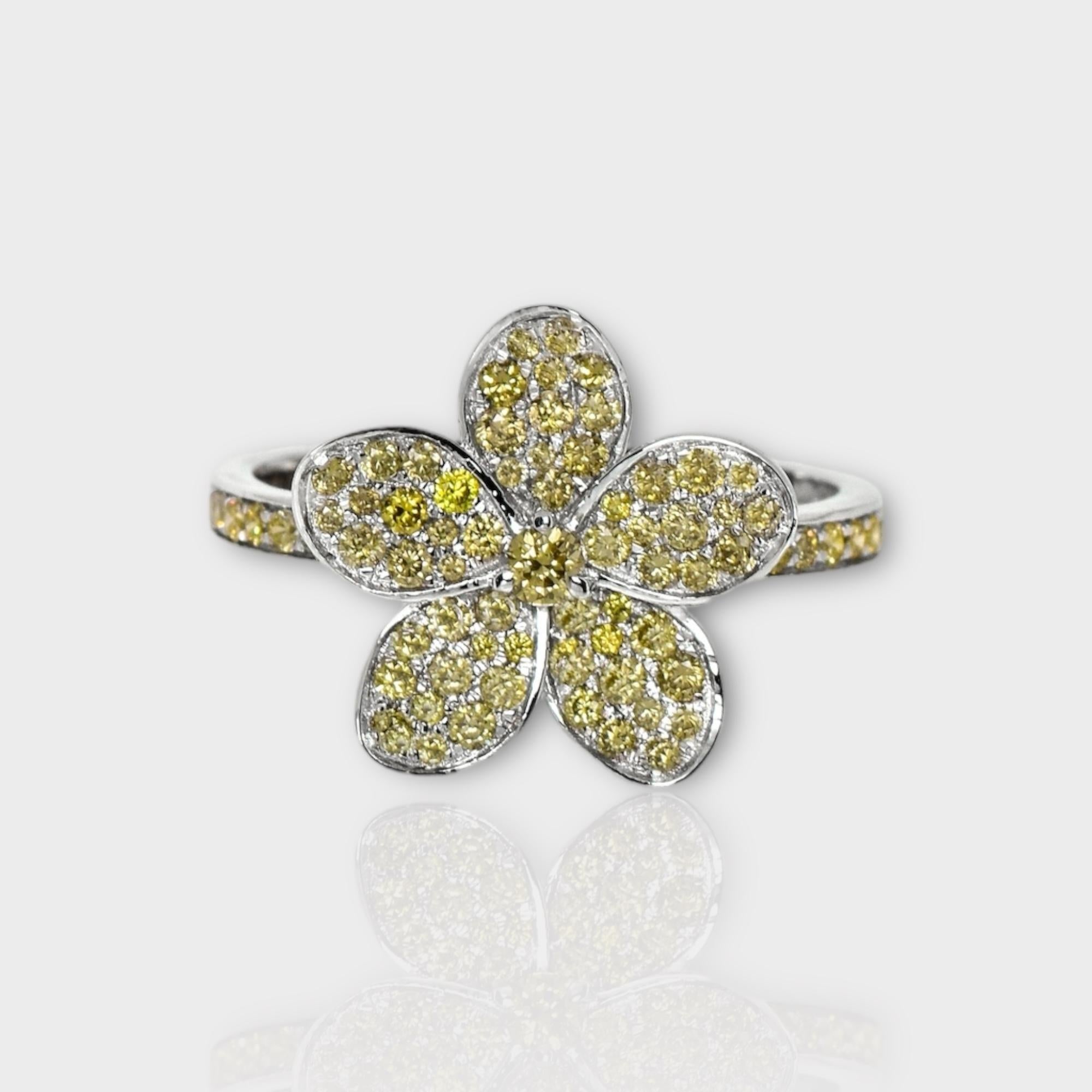 *IGI 14K 0.66 ct Natural Greenish Yellow Diamond Flower Design Engagement Ring*

This band features a stunning design with flowers crafted from 14K white gold. It is set with natural, intense greenish-yellow diamonds weighing 0.66 carats.

This ring