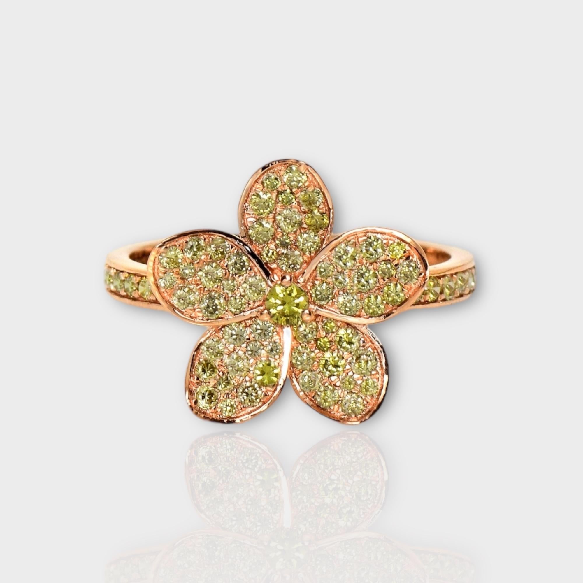 *IGI 14K 0.66 ct Natural Greenish Yellow Diamond Flower Design Engagement Ring*

This band features a stunning design with flowers crafted from 14K rose gold. It is set with natural, intense greenish-yellow diamonds weighing 0.66 carats.

This ring