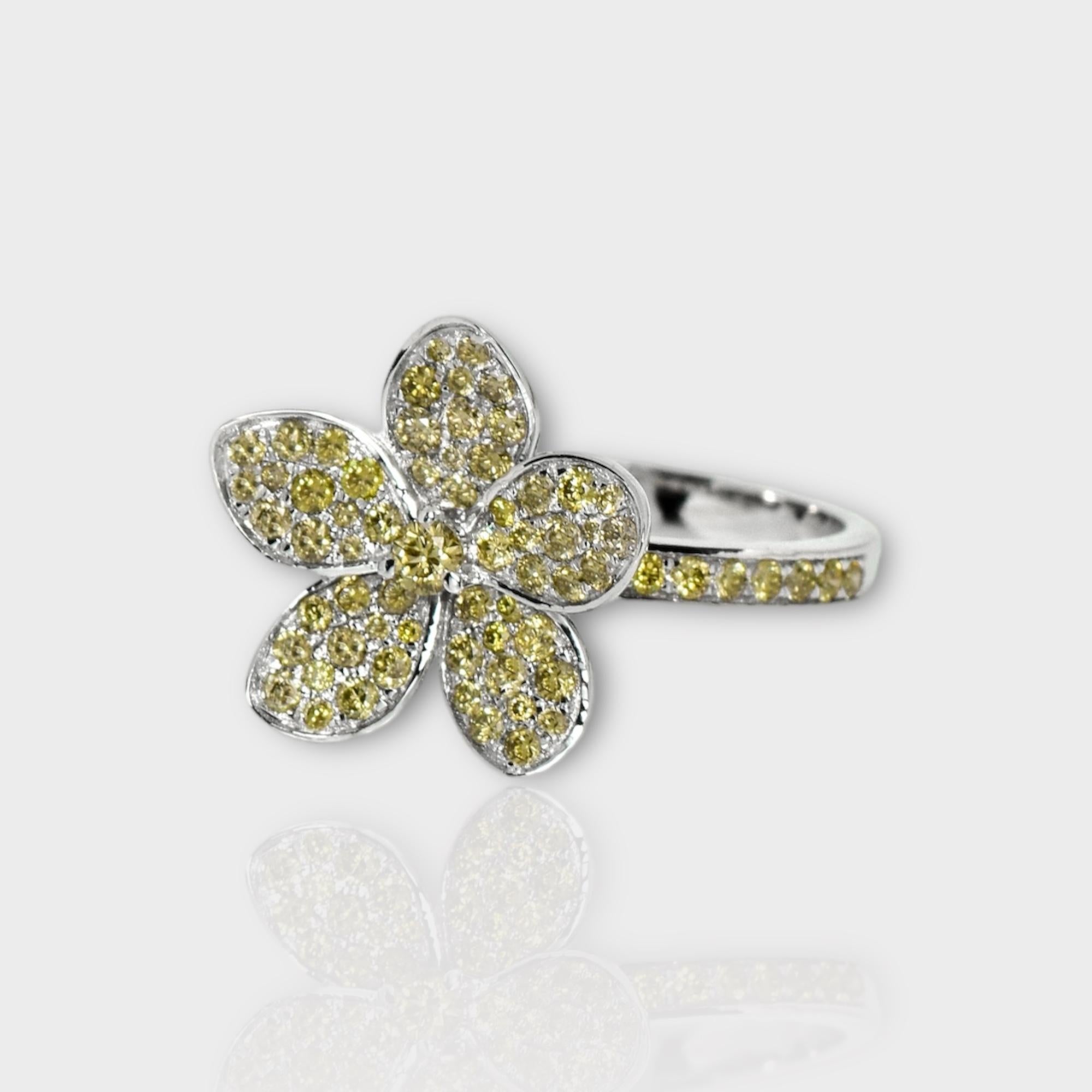 Contemporary IGI 14K 0.66 ct Natural Greenish Yellow Diamond Flower Design Engagement Ring For Sale
