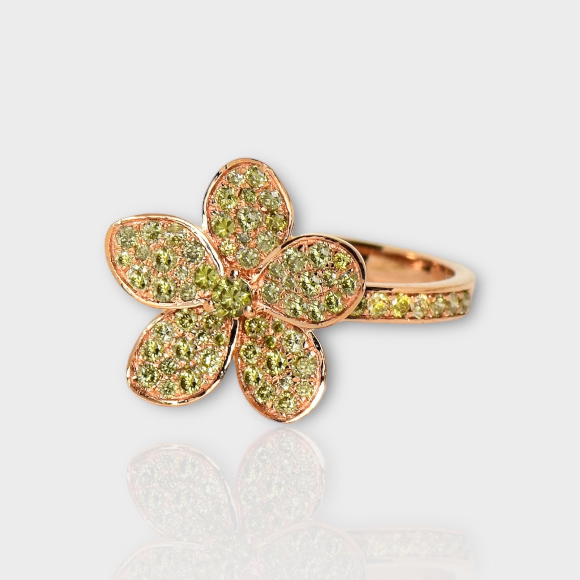 Contemporary IGI 14K 0.66 ct Natural Greenish Yellow Diamond Flower Design Engagement Ring For Sale