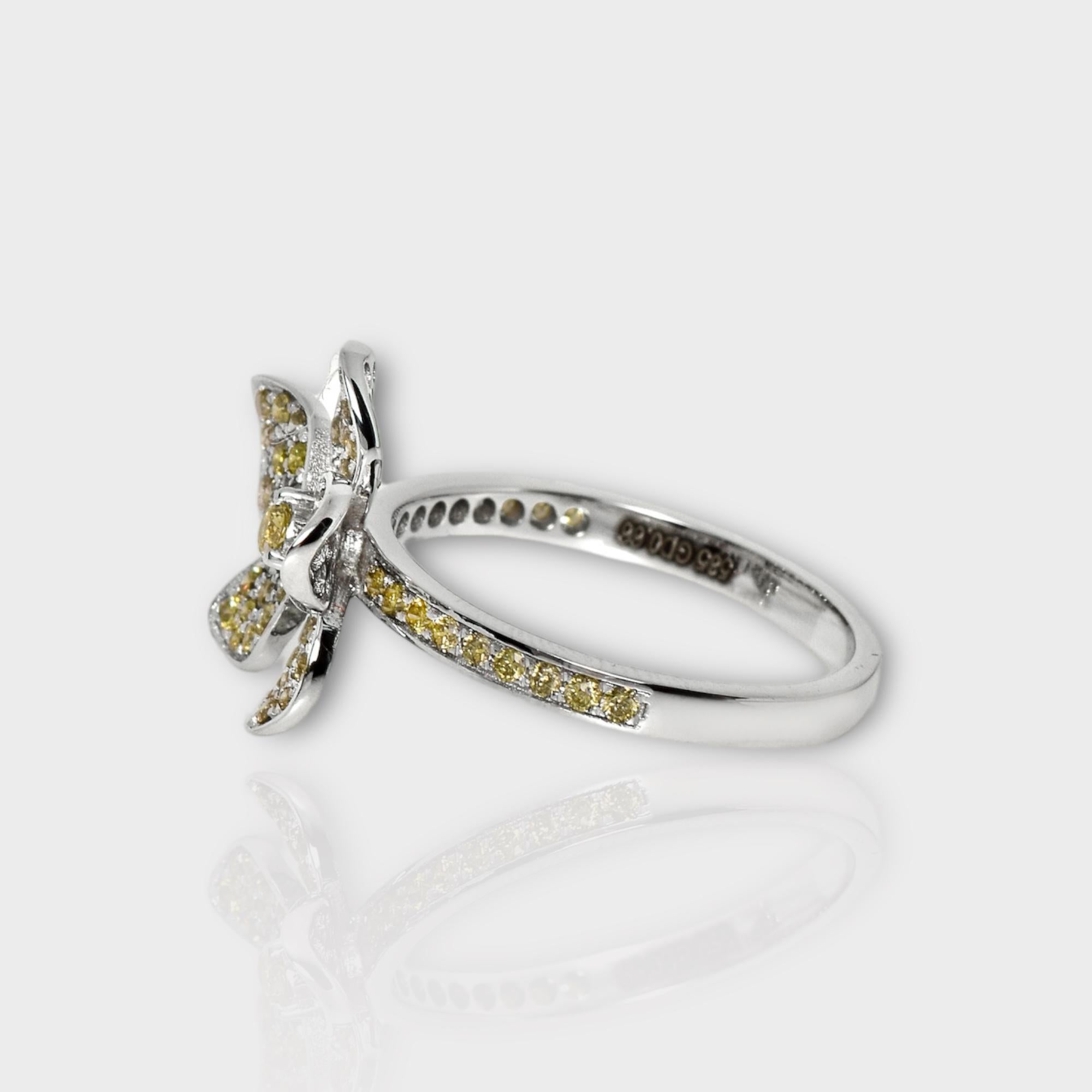 Round Cut IGI 14K 0.66 ct Natural Greenish Yellow Diamond Flower Design Engagement Ring For Sale