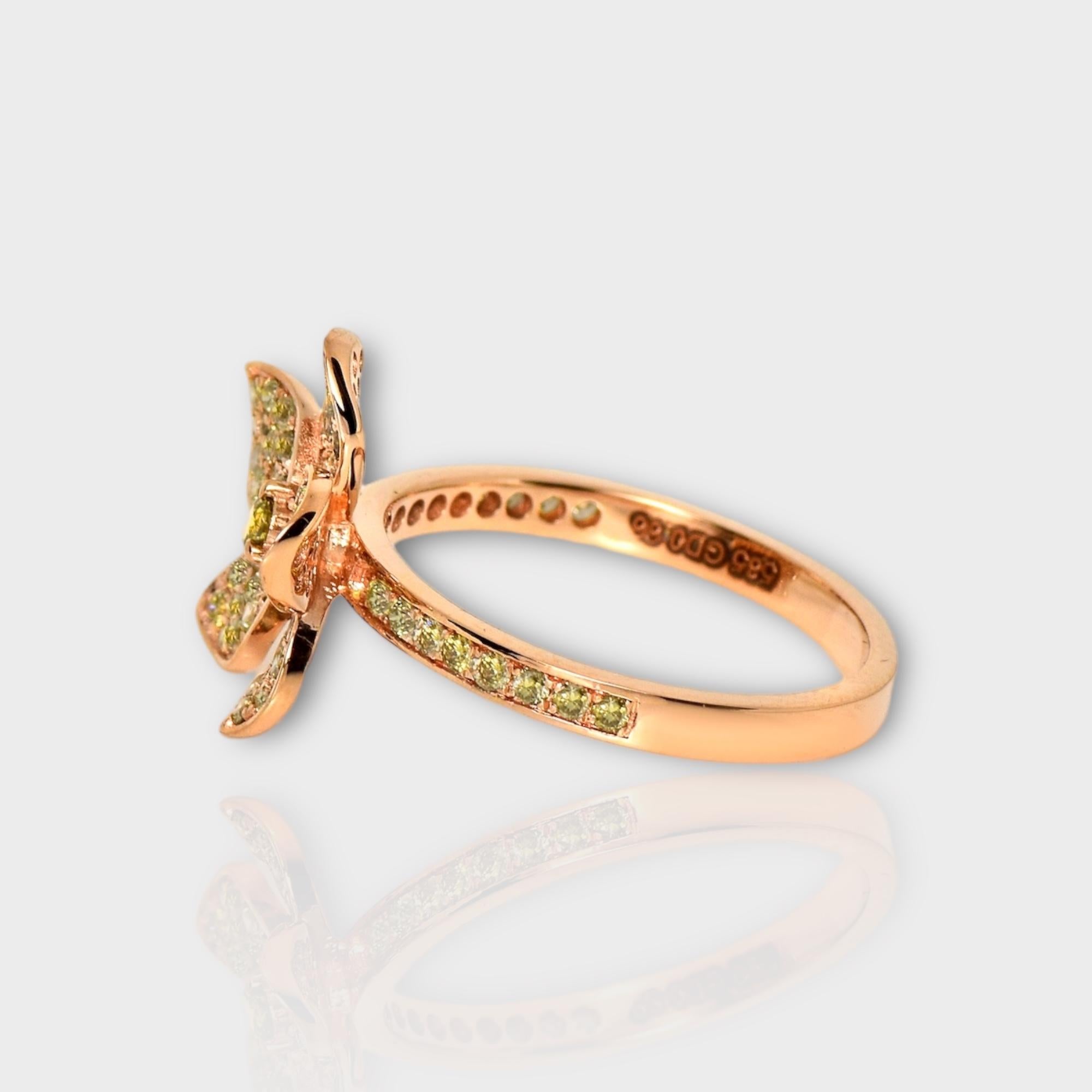 Round Cut IGI 14K 0.66 ct Natural Greenish Yellow Diamond Flower Design Engagement Ring For Sale