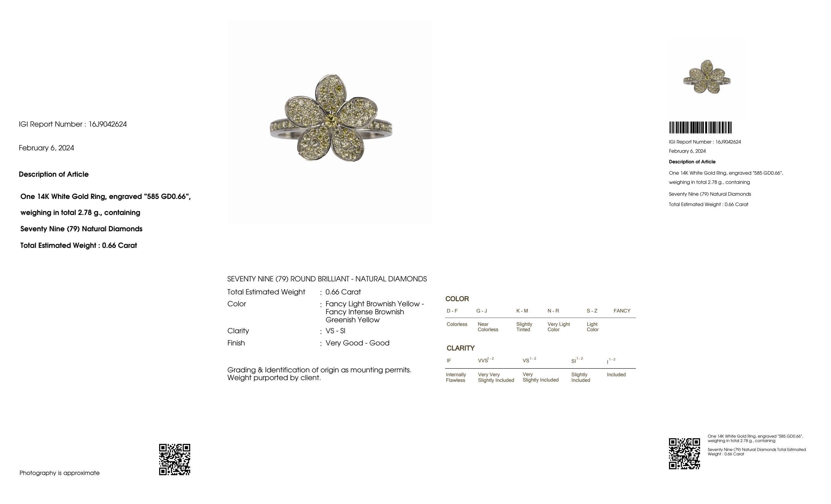 IGI 14K 0.66 ct Natural Greenish Yellow Diamond Flower Design Engagement Ring For Sale 2
