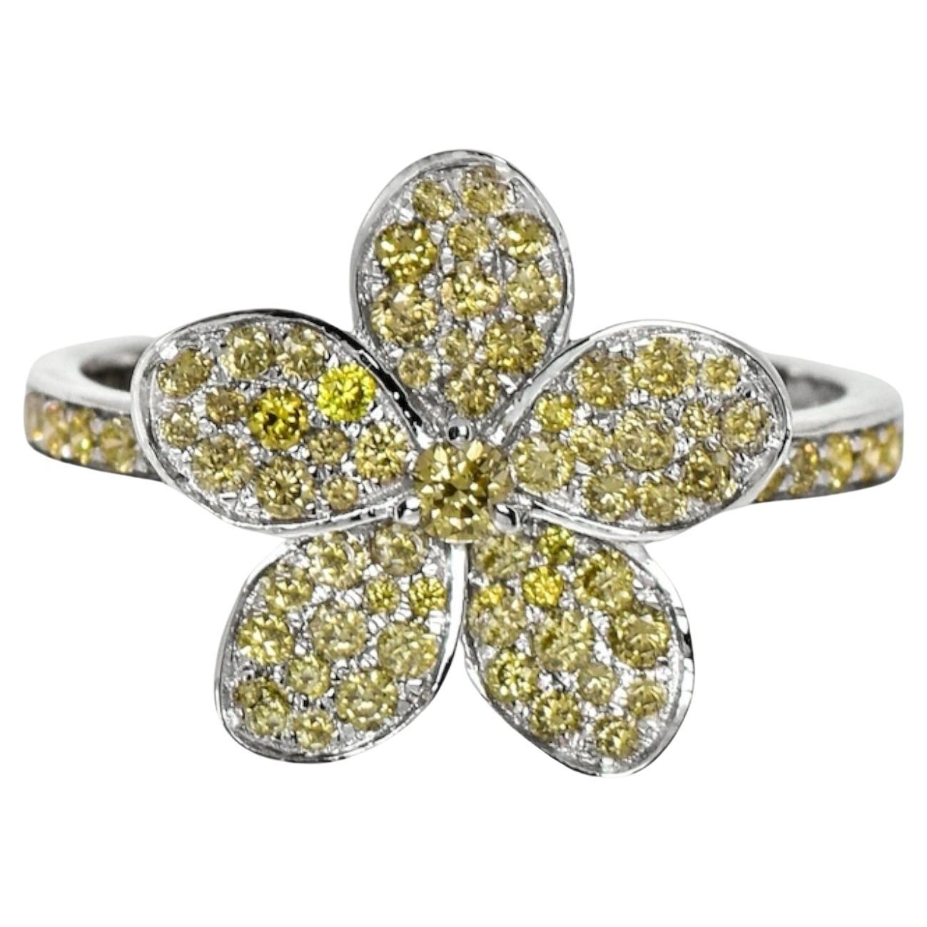 Bague de fiançailles IGI 14 carats avec diamant jaune verdâtre naturel de 0,66 carat en forme de fleur