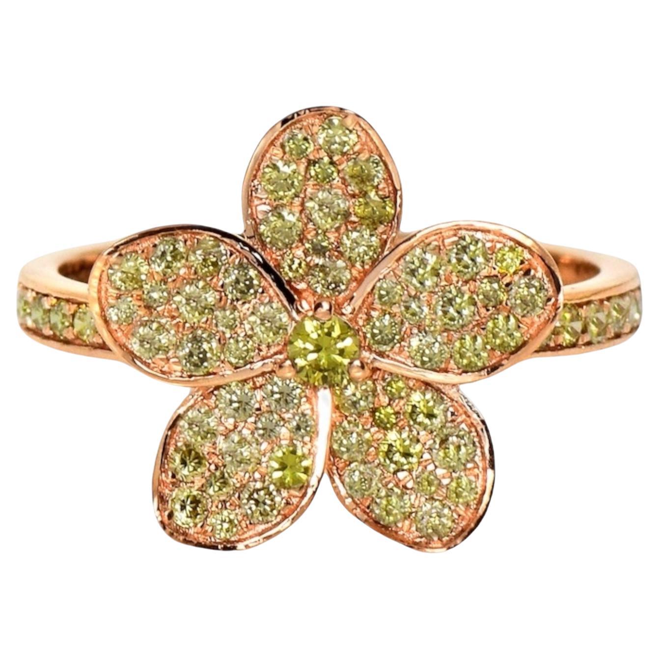 IGI 14K 0.66 ct Natural Greenish Yellow Diamond Flower Design Engagement Ring For Sale