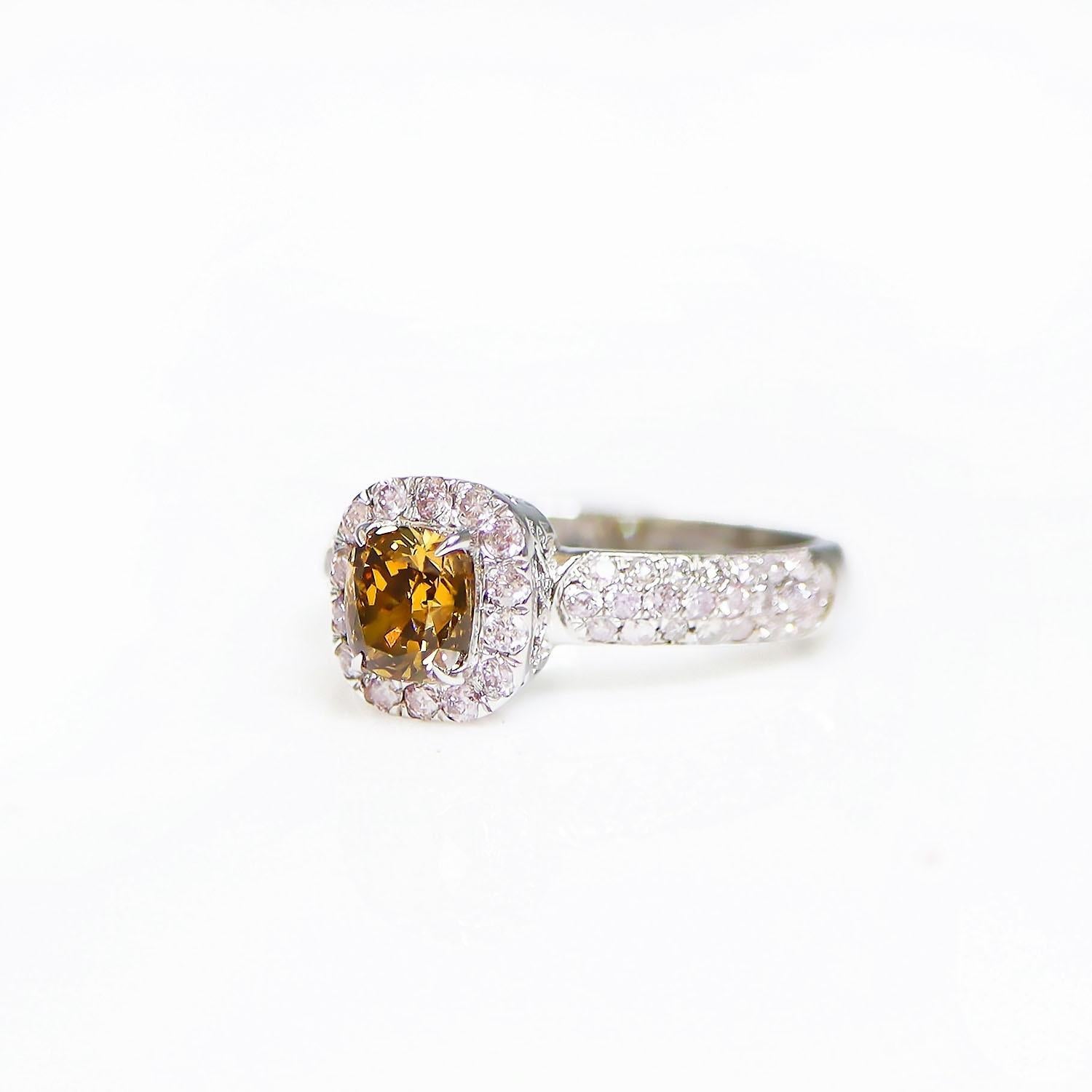 Cushion Cut IGI 14K 0.76 Ct Yellow&Pink Diamonds Antique Art Deco Style Engagement Ring For Sale