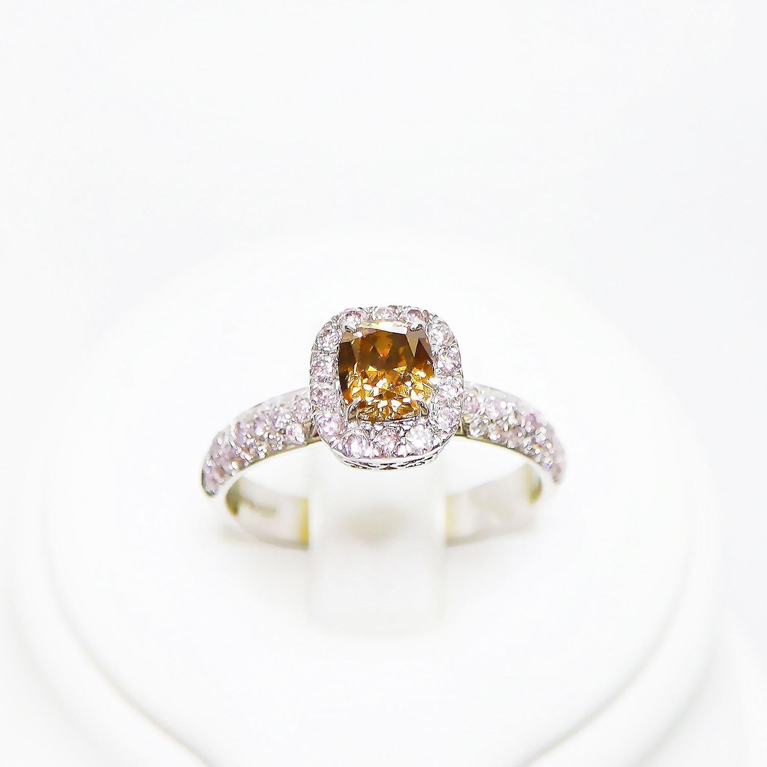 IGI 14K 0.76 Ct Yellow&Pink Diamonds Antique Art Deco Style Engagement Ring In New Condition For Sale In Kaohsiung City, TW