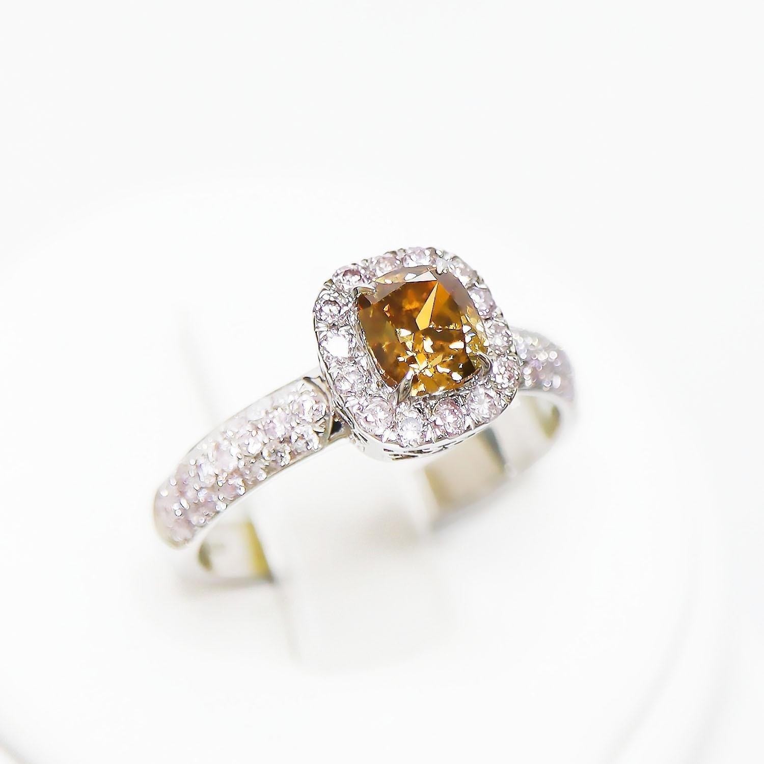Women's IGI 14K 0.76 Ct Yellow&Pink Diamonds Antique Art Deco Style Engagement Ring For Sale
