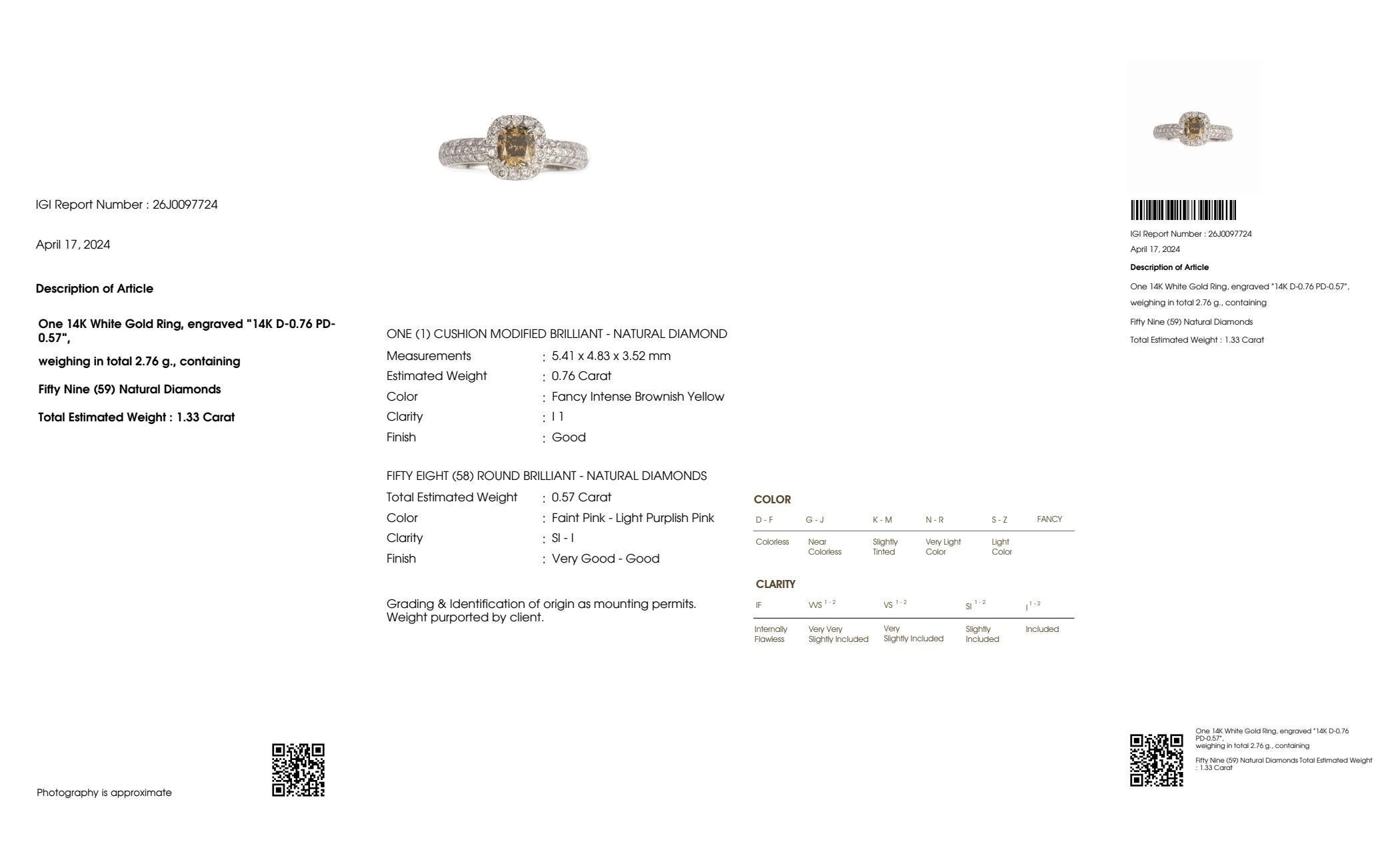 IGI 14K 0.76 Ct Yellow&Pink Diamonds Antique Art Deco Style Engagement Ring For Sale 2