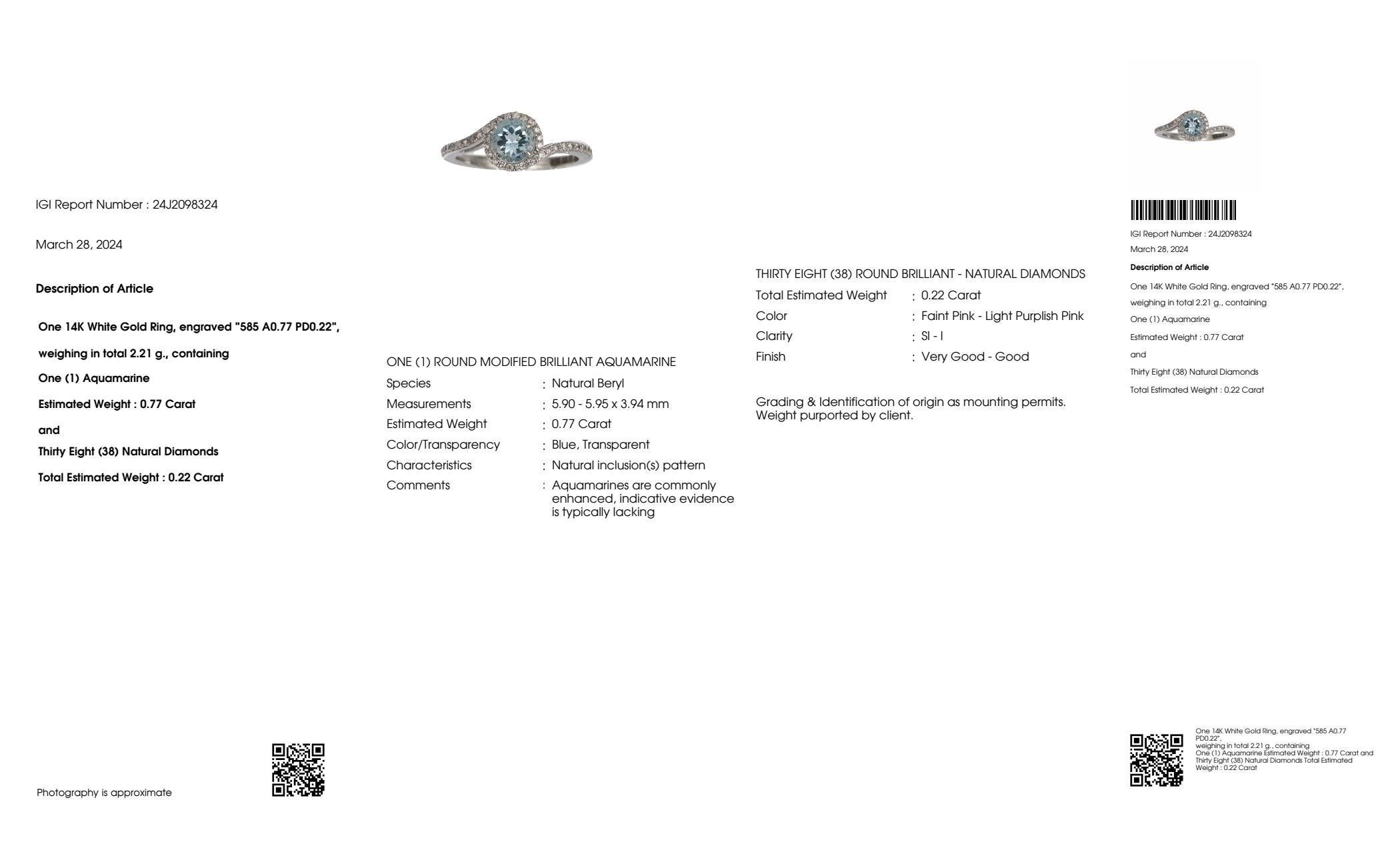 IGI 14K 0.77 Ct Aquamarine&Pink Diamonds Antique Art Deco Style Engagement Ring For Sale 2