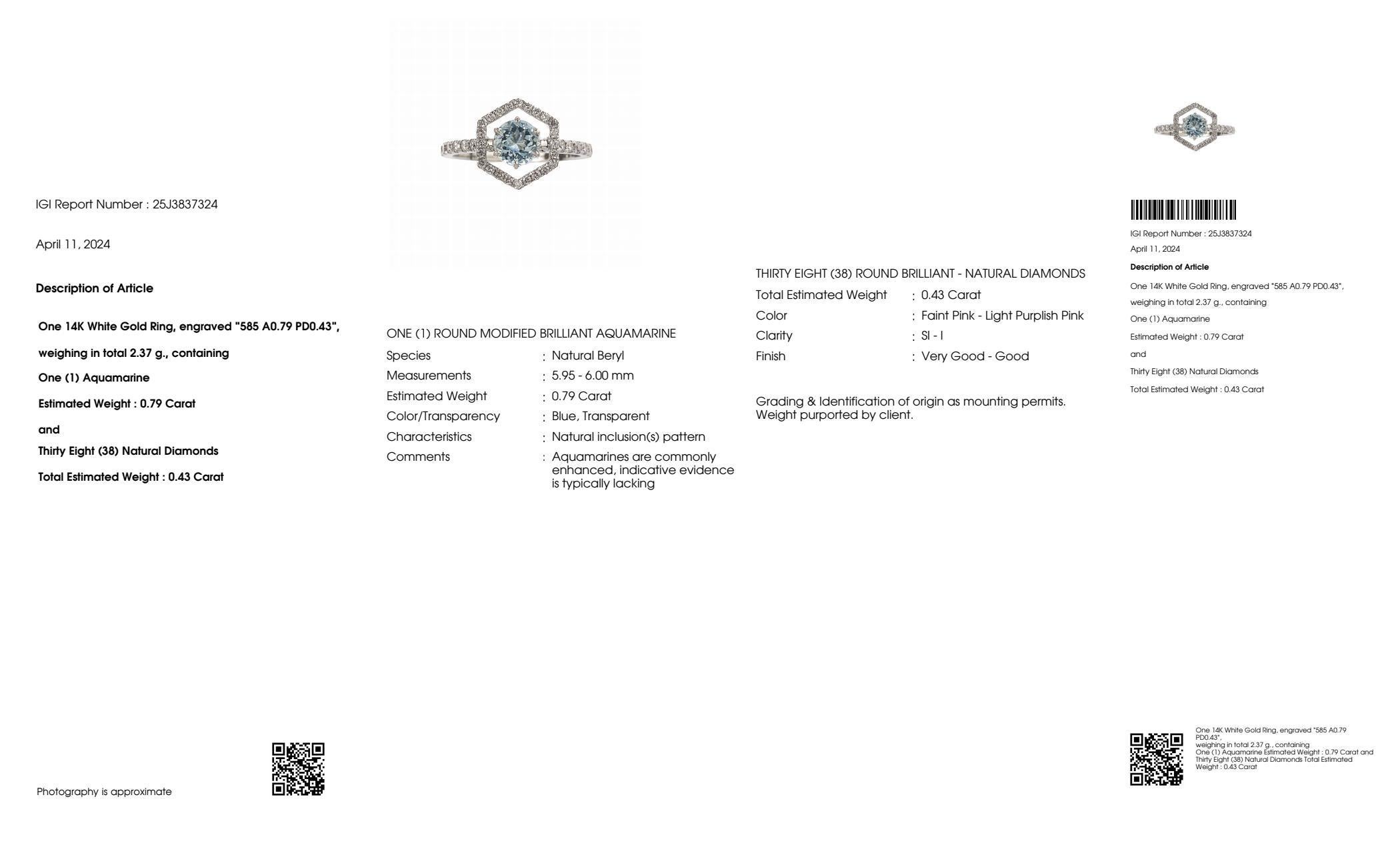 IGI 14K 0.79 Ct Aquamarine&Pink Diamonds Antique Art Deco Style Engagement Ring For Sale 2