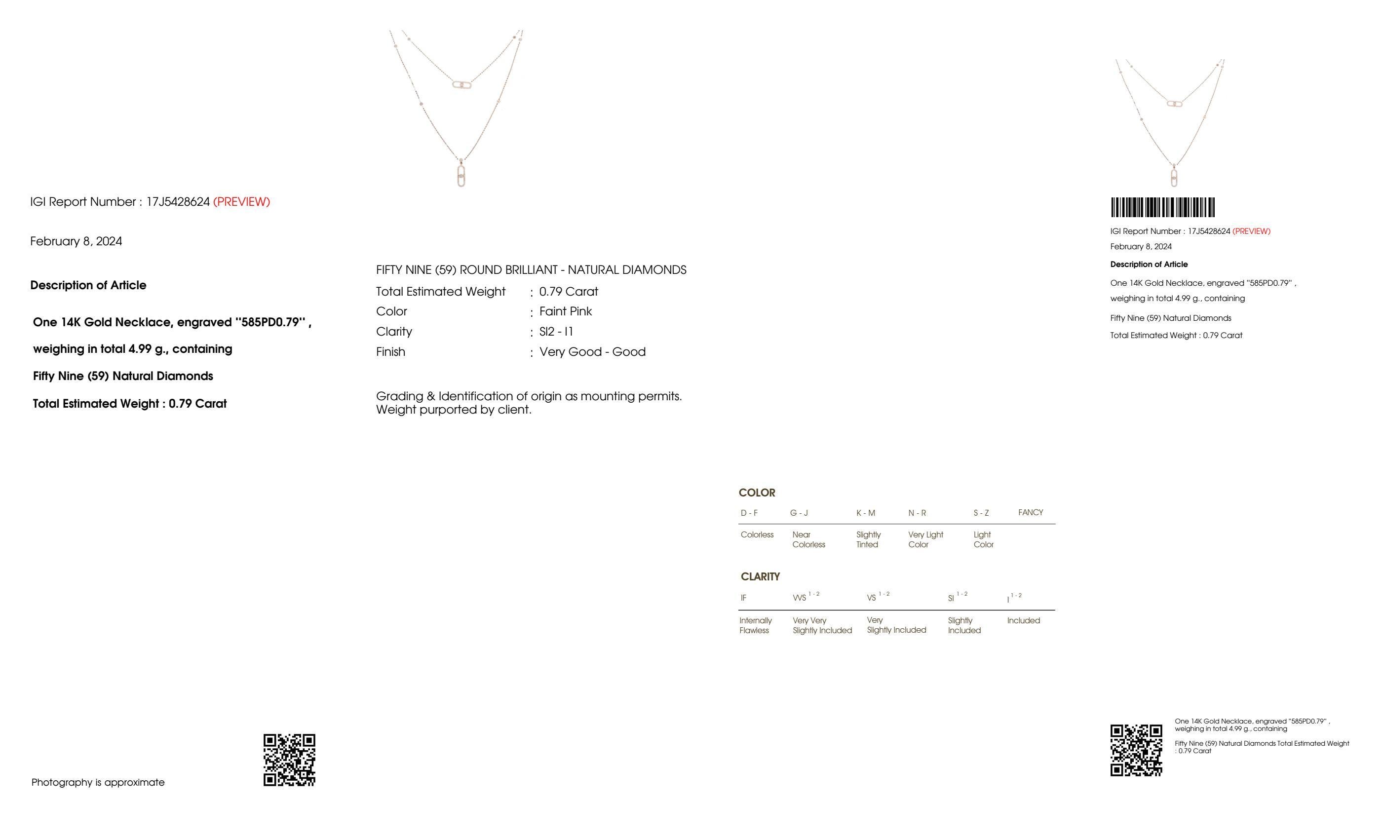 IGI 14K 0.79 ct Natural Pink Diamonds  Art Deco Design Necklace For Sale 2