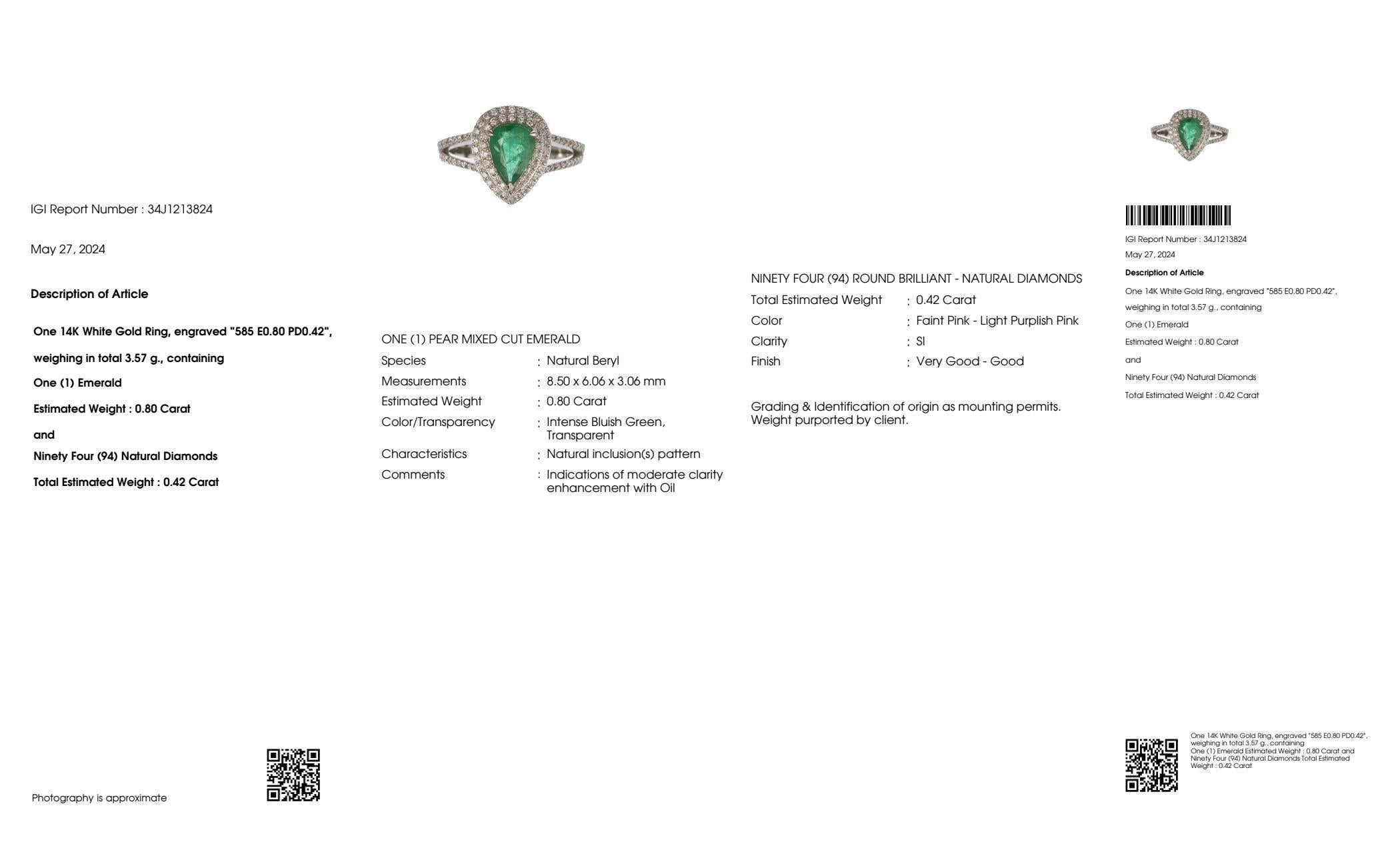 IGI 14k 0.80 Ct Emerald&Pink Diamonds Antique Art Deco Style Engagement Ring For Sale 2