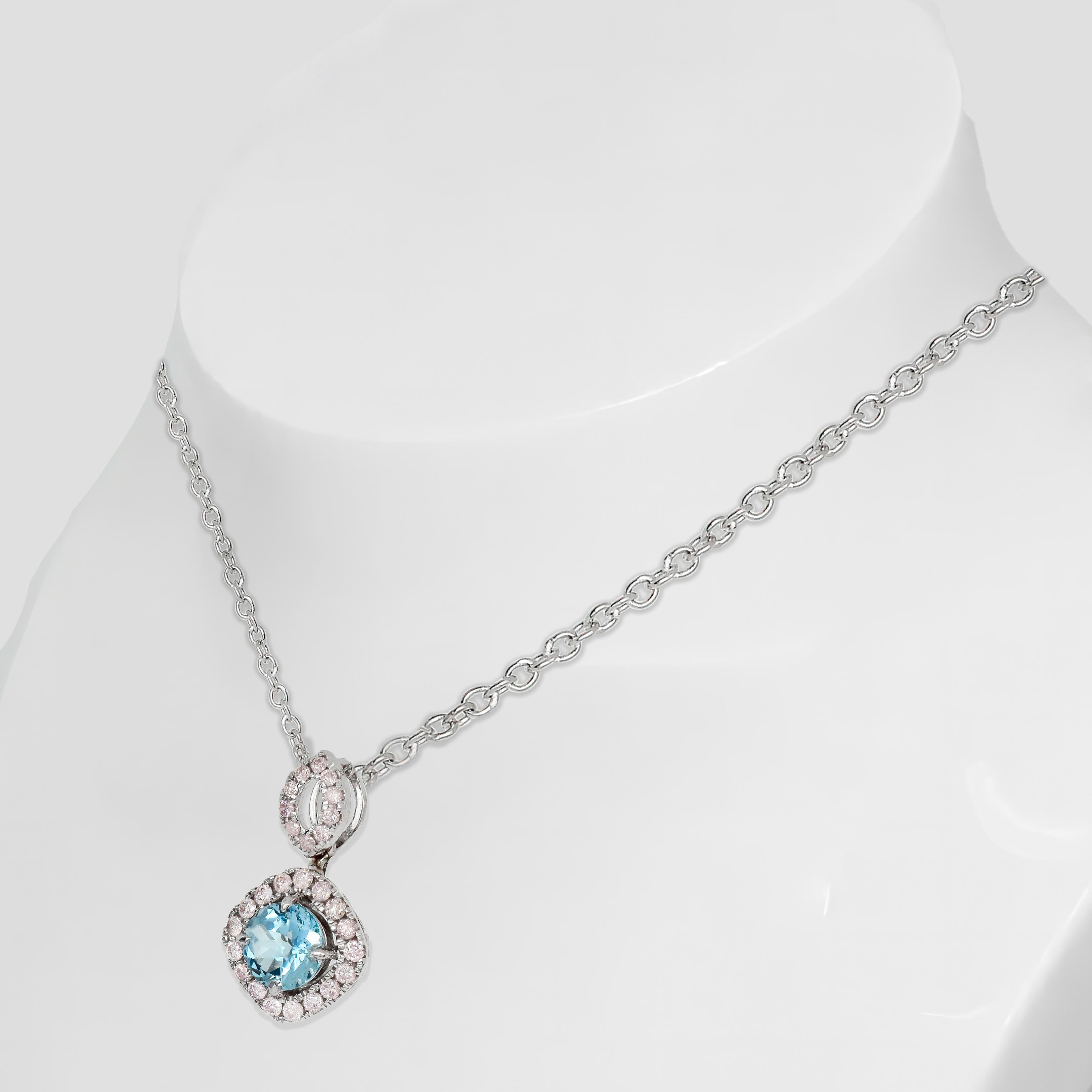 Contemporary IGI 14K 0.81 Ct Aquamarine&Pink Diamonds Pendant Necklace For Sale
