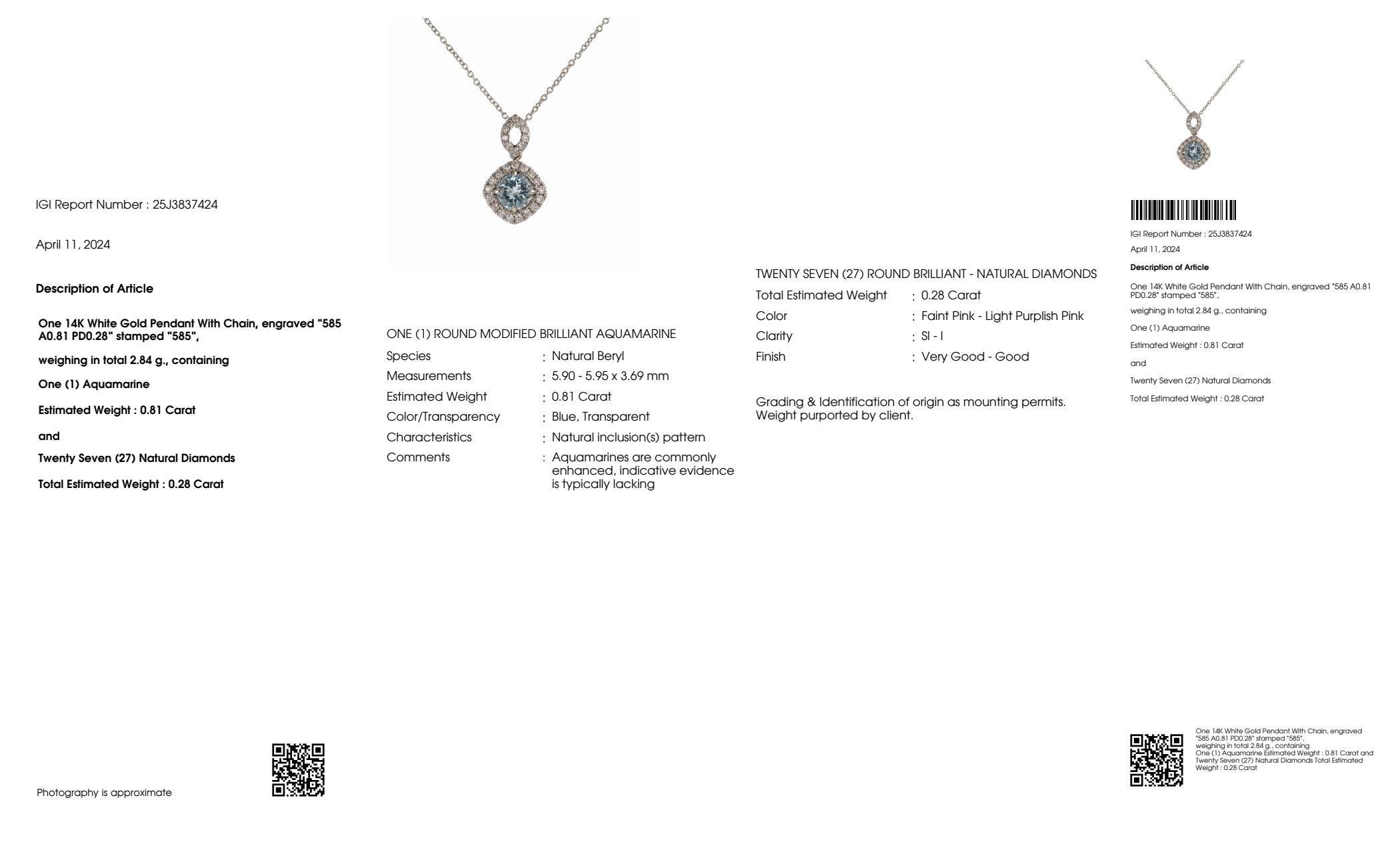 IGI 14K 0.81 Ct Aquamarine&Pink Diamonds Pendant Necklace For Sale 2