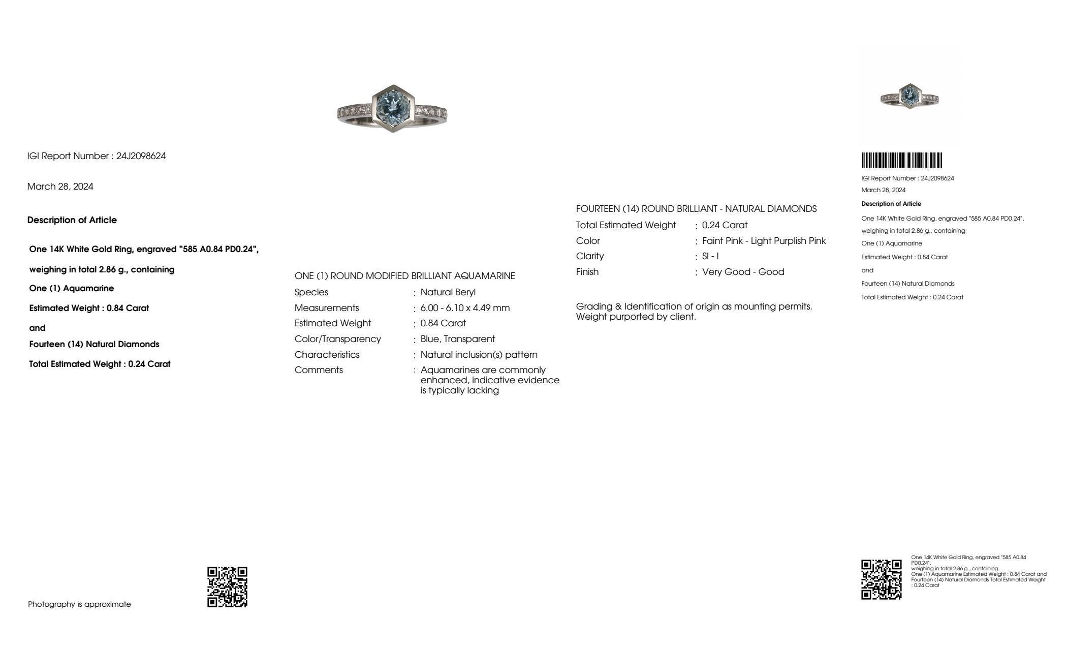 IGI 14K 0.84 Ct Aquamarine&Pink Diamonds Antique Art Deco Style Engagement Ring For Sale 2