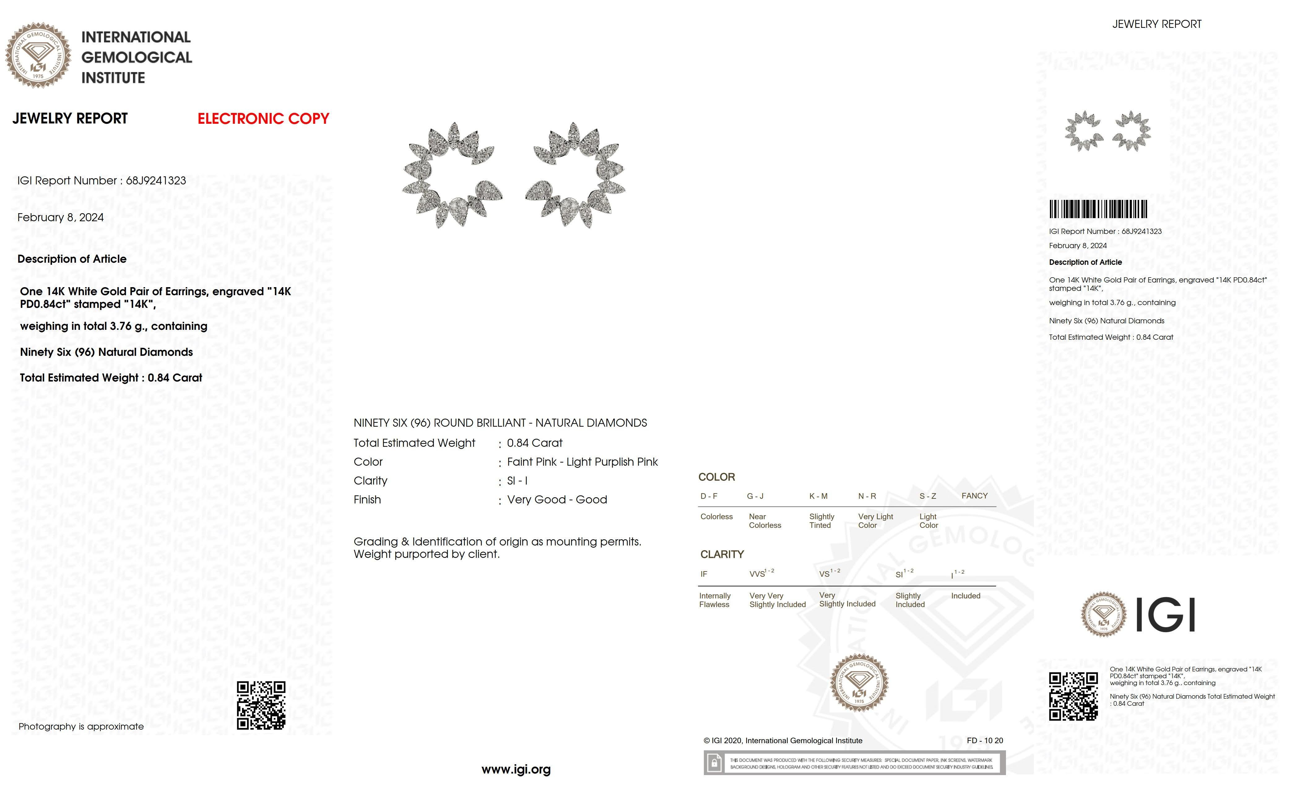 IGI 14K 0,84 Karat natürliche rosa Diamanten Strahlender Design Ohrstecker im Angebot 3