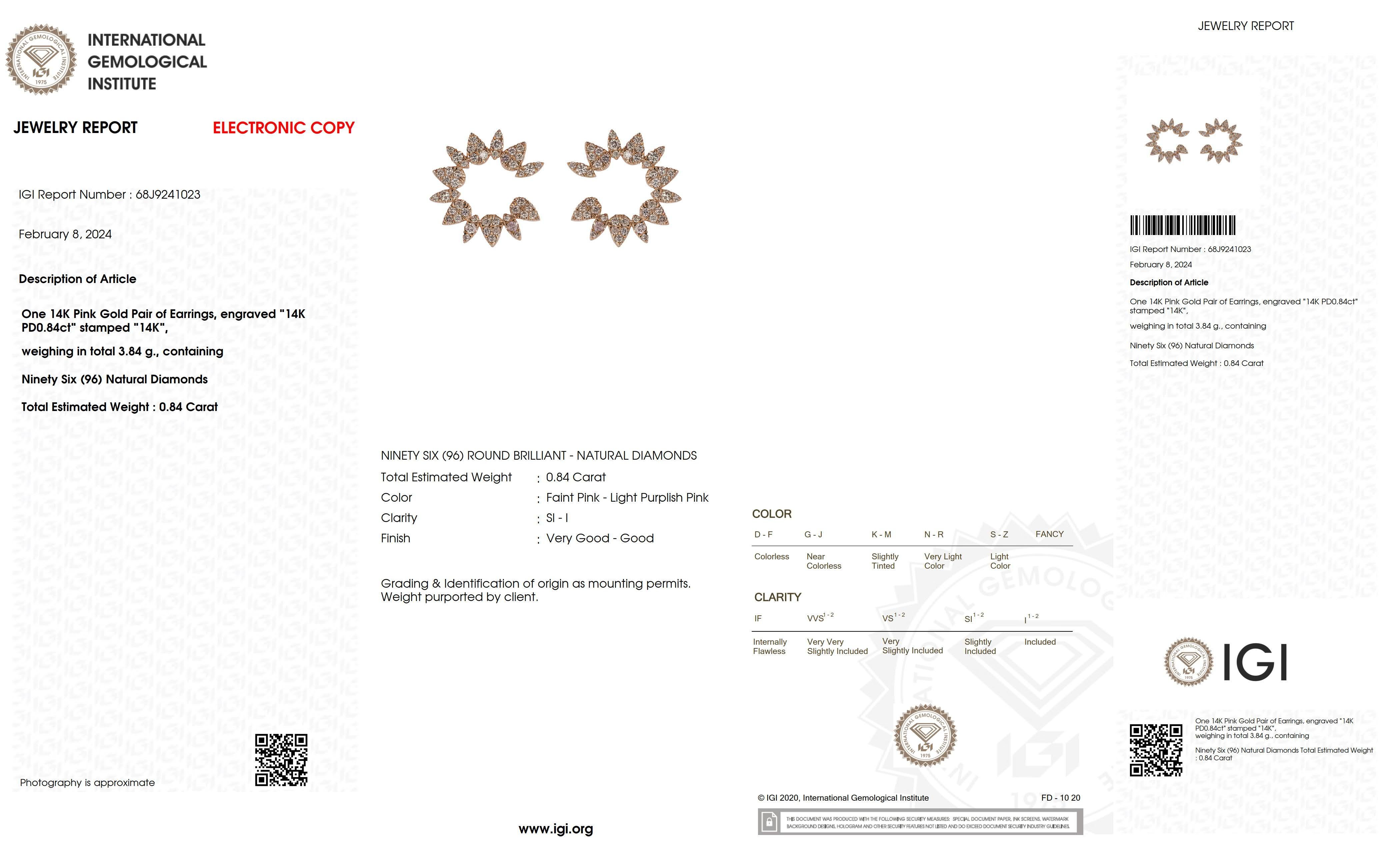IGI 14K 0,84 Karat natürliche rosa Diamanten Strahlender Design Ohrstecker im Angebot 3