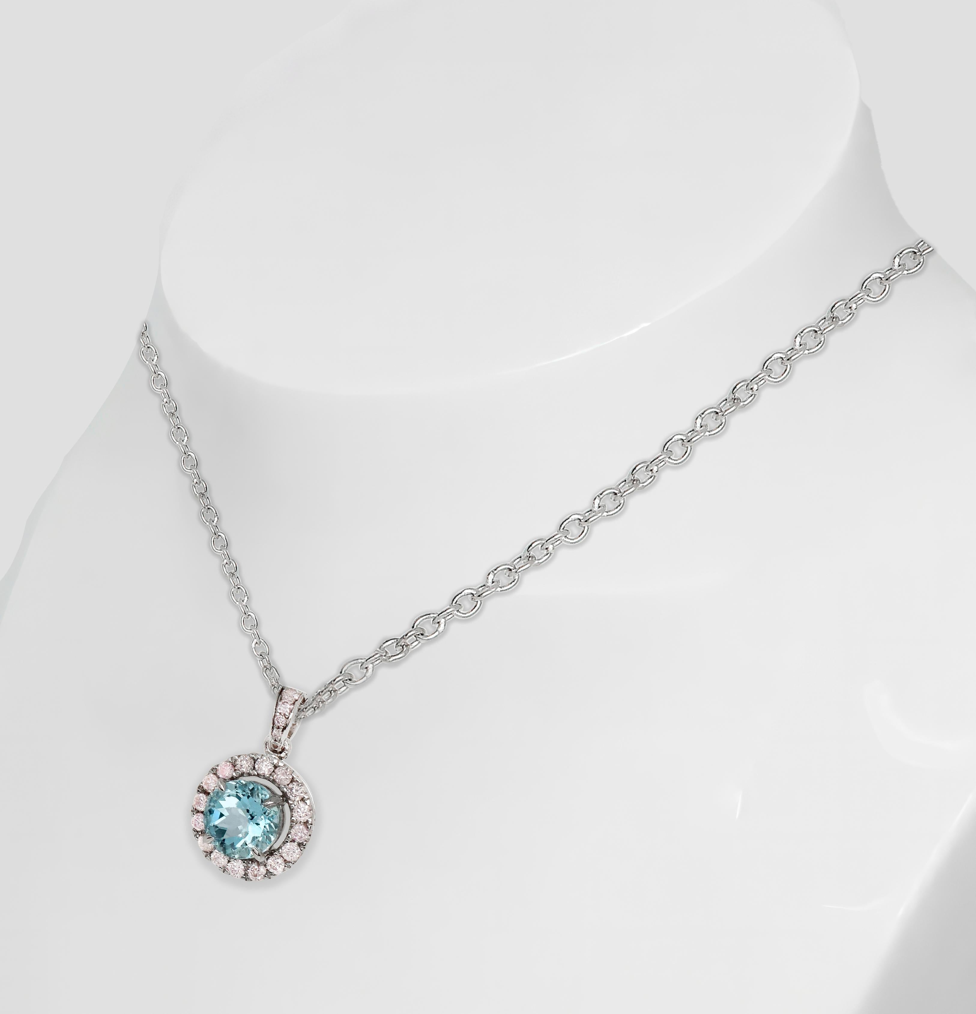 Contemporary IGI 14K 0.86 Ct Aquamarine&Pink Diamonds Pendant Necklace For Sale
