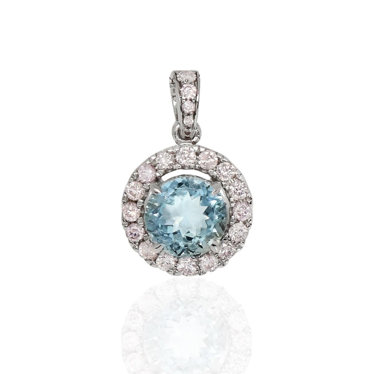 Round Cut IGI 14K 0.86 Ct Aquamarine&Pink Diamonds Pendant Necklace For Sale