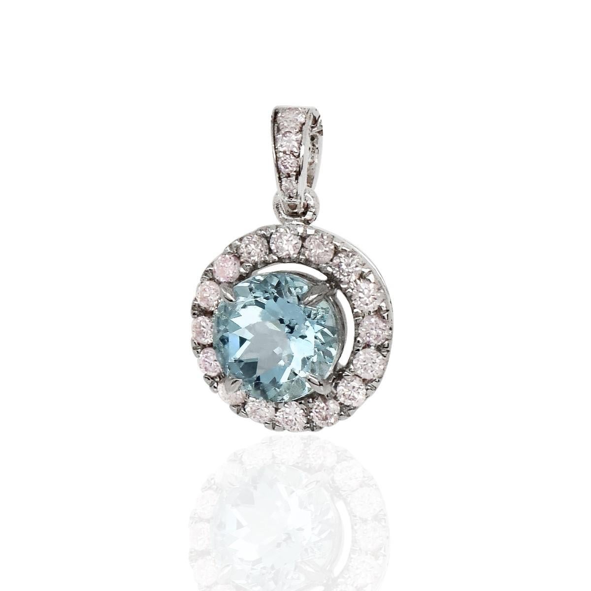 IGI 14K 0.86 Ct Aquamarine&Pink Diamonds Pendant Necklace In New Condition For Sale In Kaohsiung City, TW