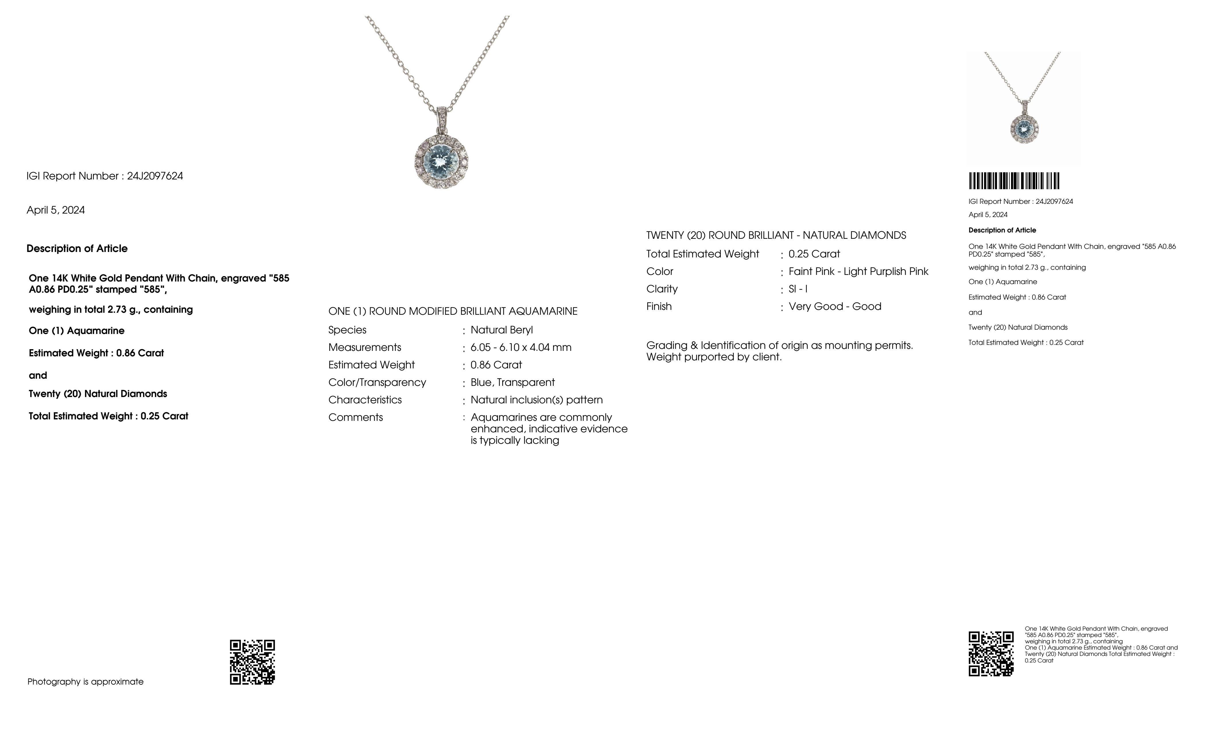 IGI 14K 0.86 Ct Aquamarine&Pink Diamonds Pendant Necklace For Sale 2