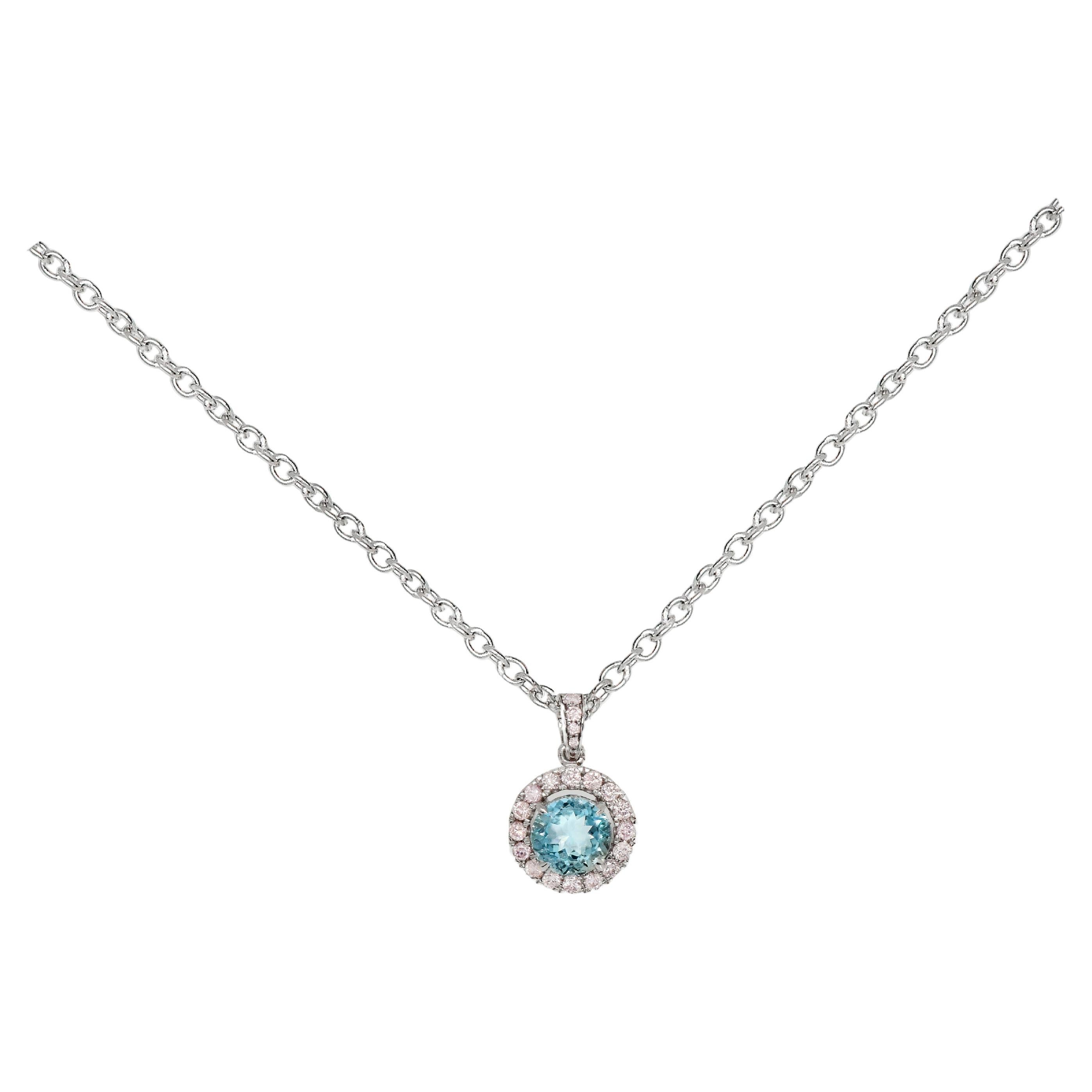 IGI 14K 0.86 Ct Aquamarine&Pink Diamonds Pendant Necklace For Sale