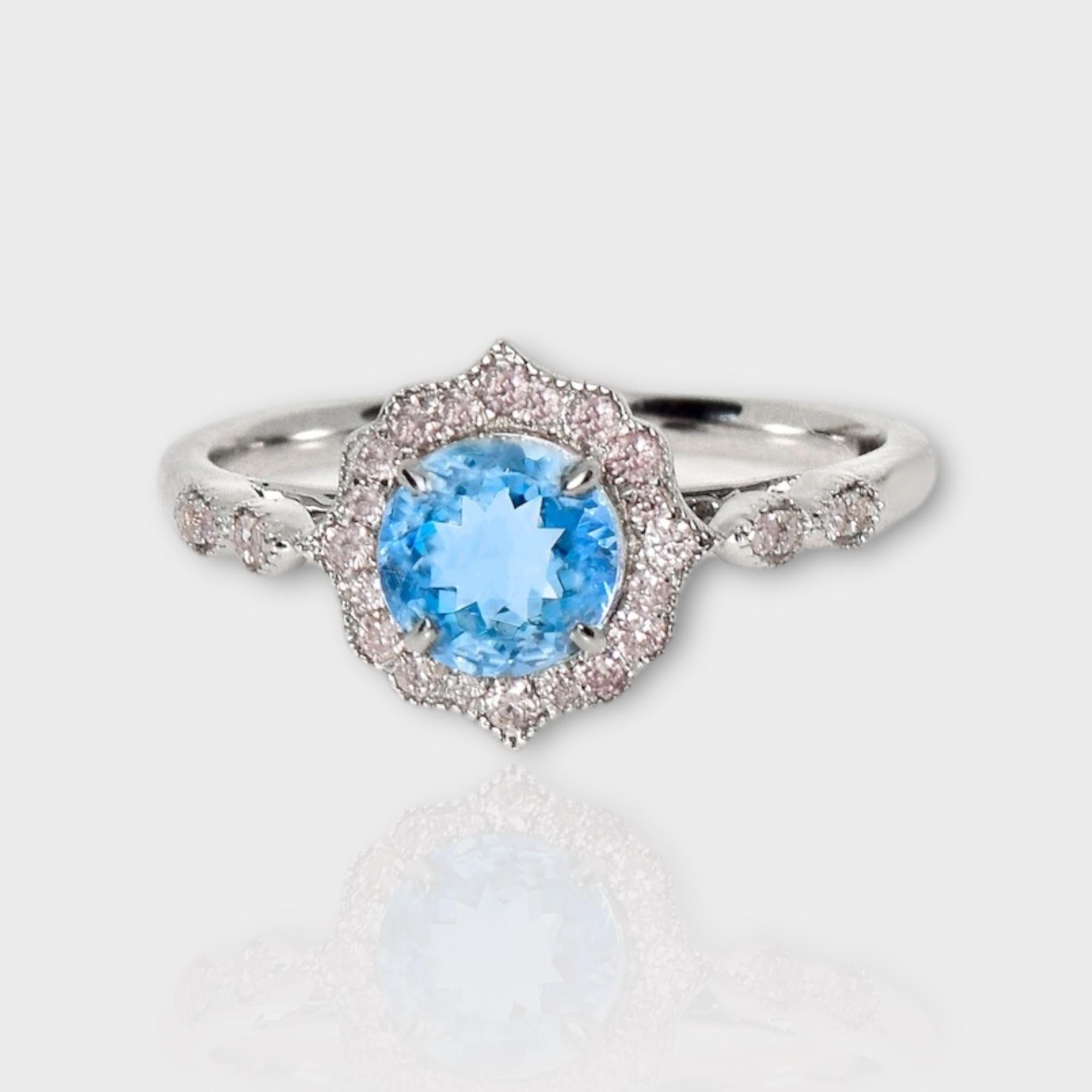 *IGI 14K 0.88 Ct Aquamarine&Pink Diamonds Antique Art Deco Style Engagement Ring* (bague de fiançailles)

Aigue-marine bleue naturelle pesant 0,88 ct sertie sur un anneau en or blanc 14K avec des diamants roses ronds de taille brillant pesant 0,16