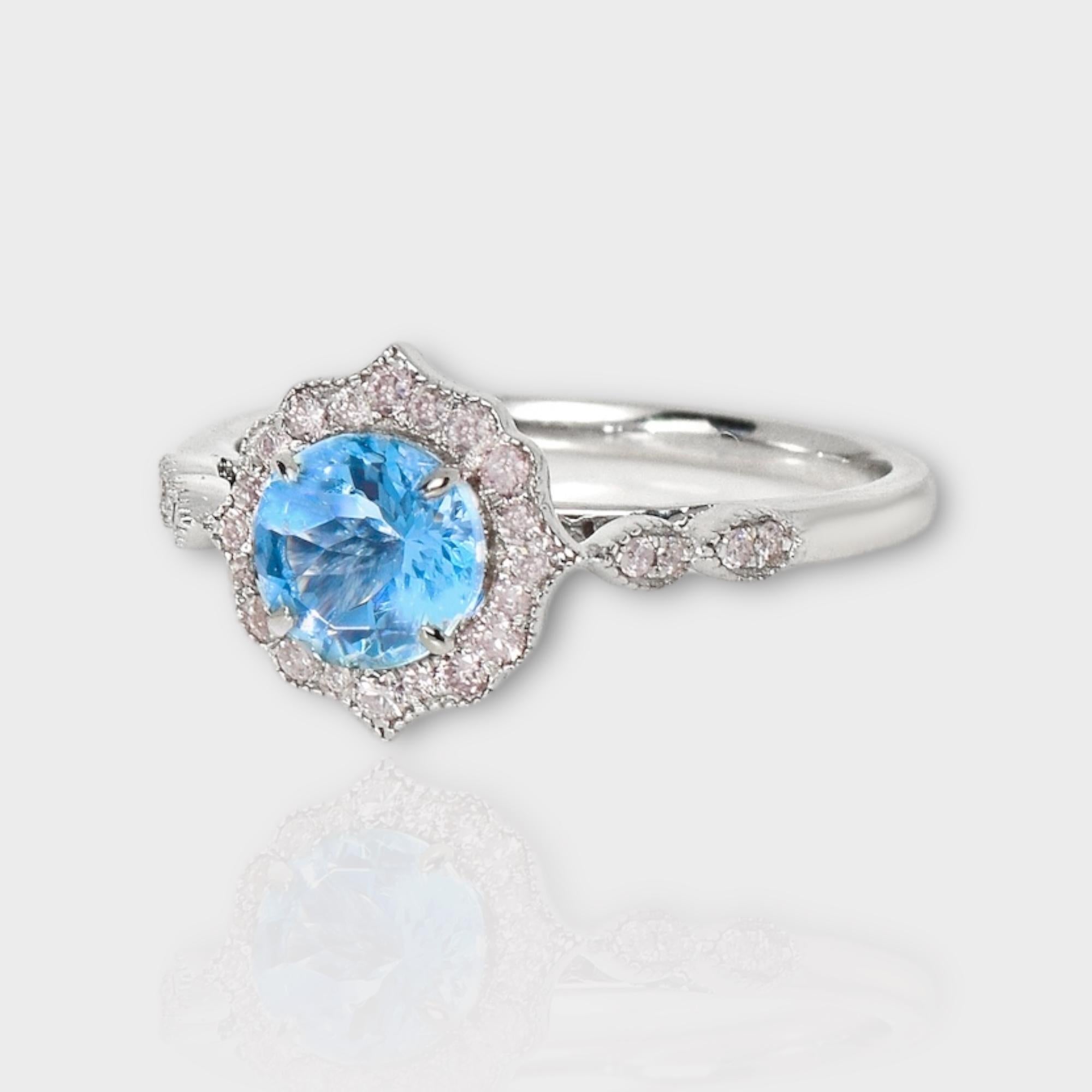 Contemporary IGI 14K 0.88 Ct Aquamarine&Pink Diamonds Antique Art Deco Style Engagement Ring For Sale