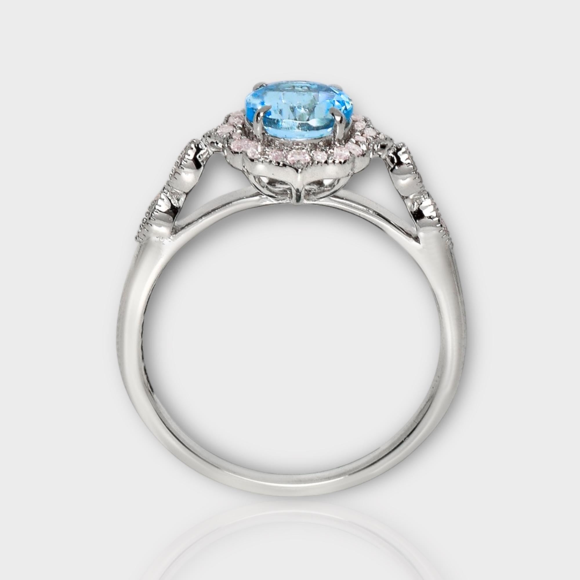 Taille ronde Bague de fiançailles IGI 14K 0.88 Ct Aquamarine&Pink Diamonds Antique Art Deco Style en vente