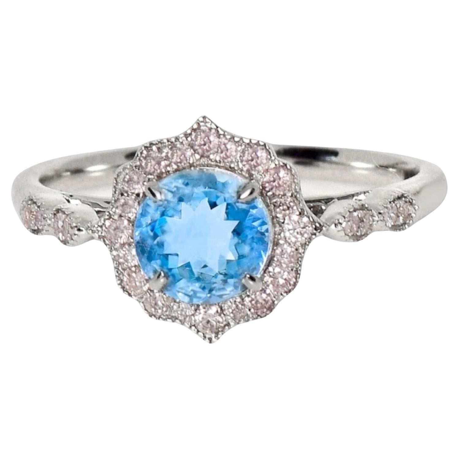 Bague de fiançailles IGI 14K 0.88 Ct Aquamarine&Pink Diamonds Antique Art Deco Style en vente