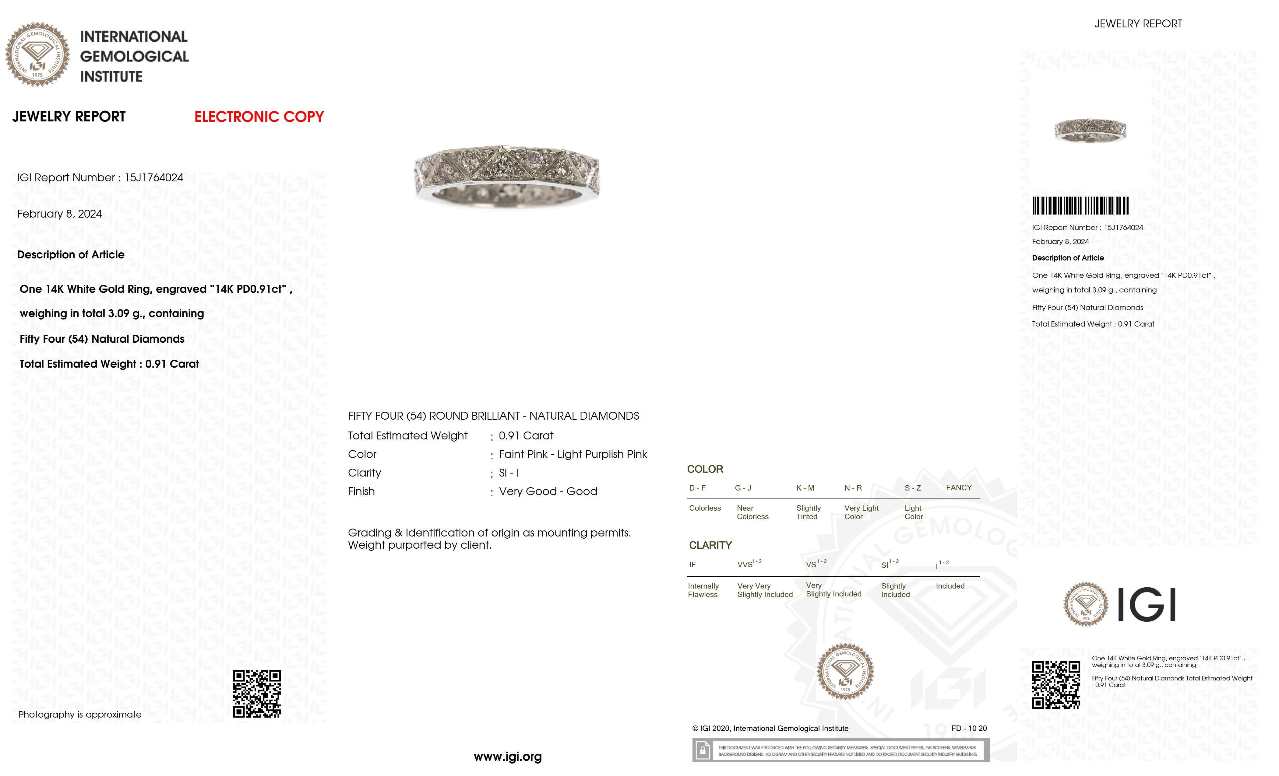 IGI 14K 0.91 ct Natural Pink Diamonds Art Deco Eternity Engagement Ring For Sale 1