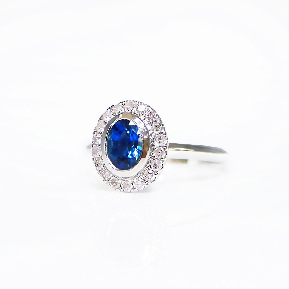 Oval Cut IGI 14K 1.00 Ct Blue Sapphire&Pink Diamonds Antique Engagement Ring For Sale