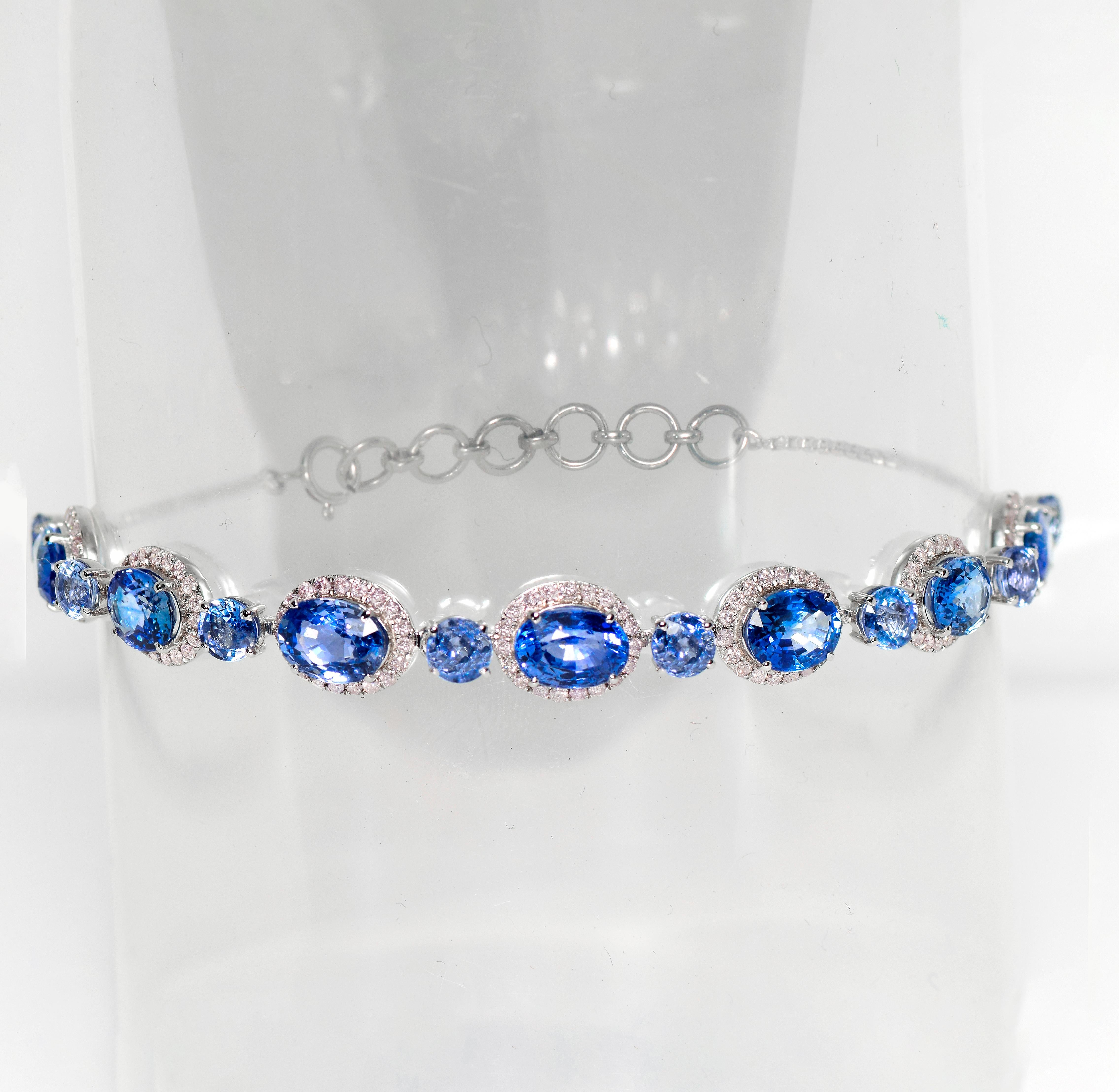 Oval Cut IGI 14k 10.53 Ct Blue Sapphires&Pink Diamonds Antique Art Deco Tennis Bracelet For Sale