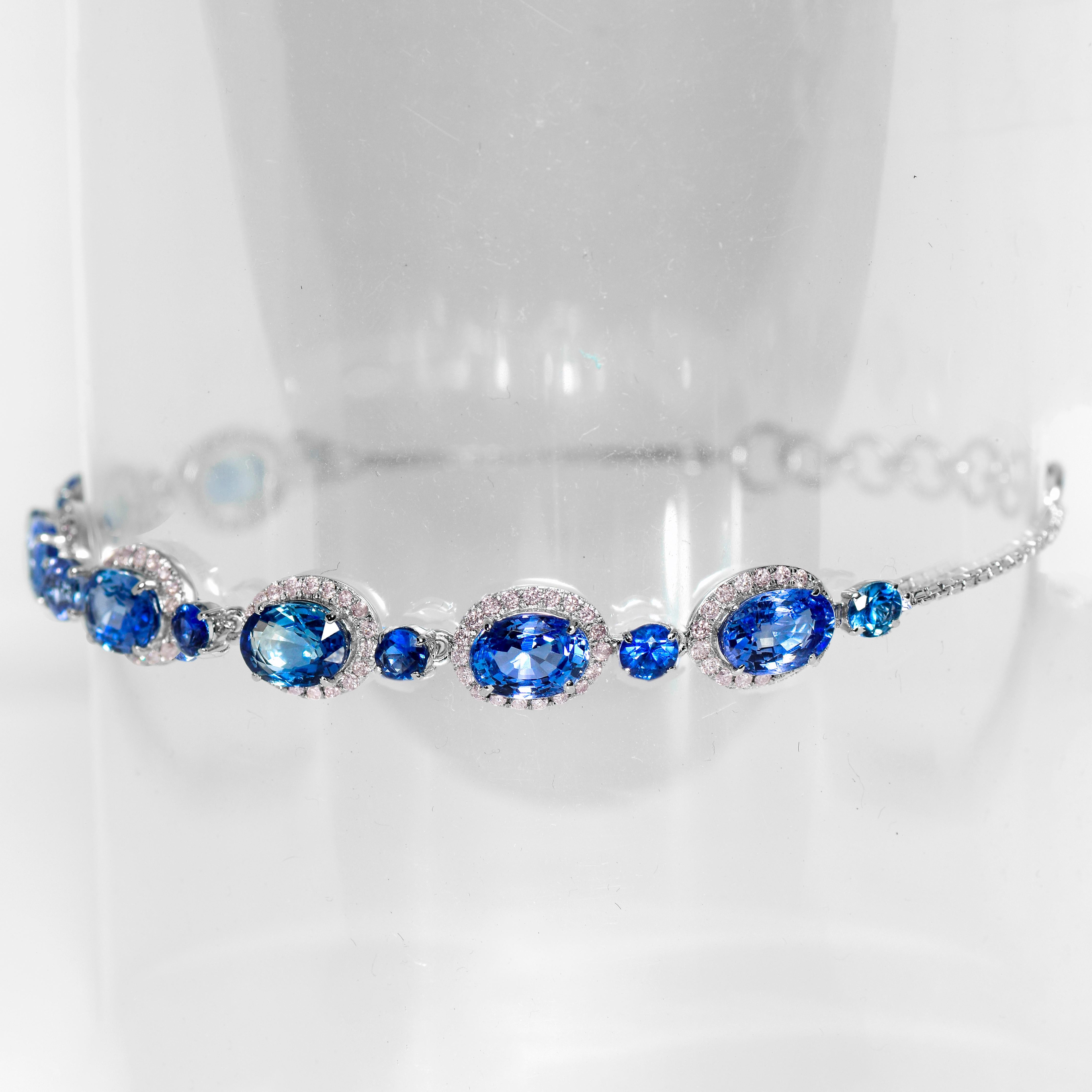 IGI 14k 10.53 Ct Blue Sapphires&Pink Diamonds Antique Art Deco Tennis Bracelet In New Condition For Sale In Kaohsiung City, TW