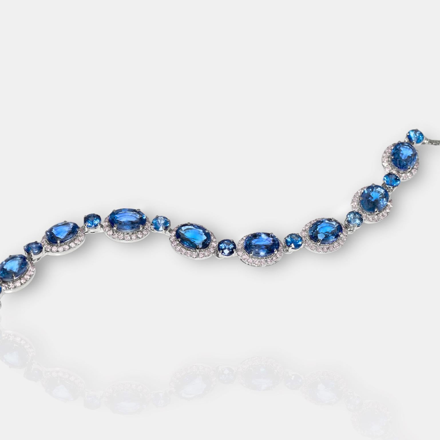 Women's or Men's IGI 14k 10.53 Ct Blue Sapphires&Pink Diamonds Antique Art Deco Tennis Bracelet For Sale