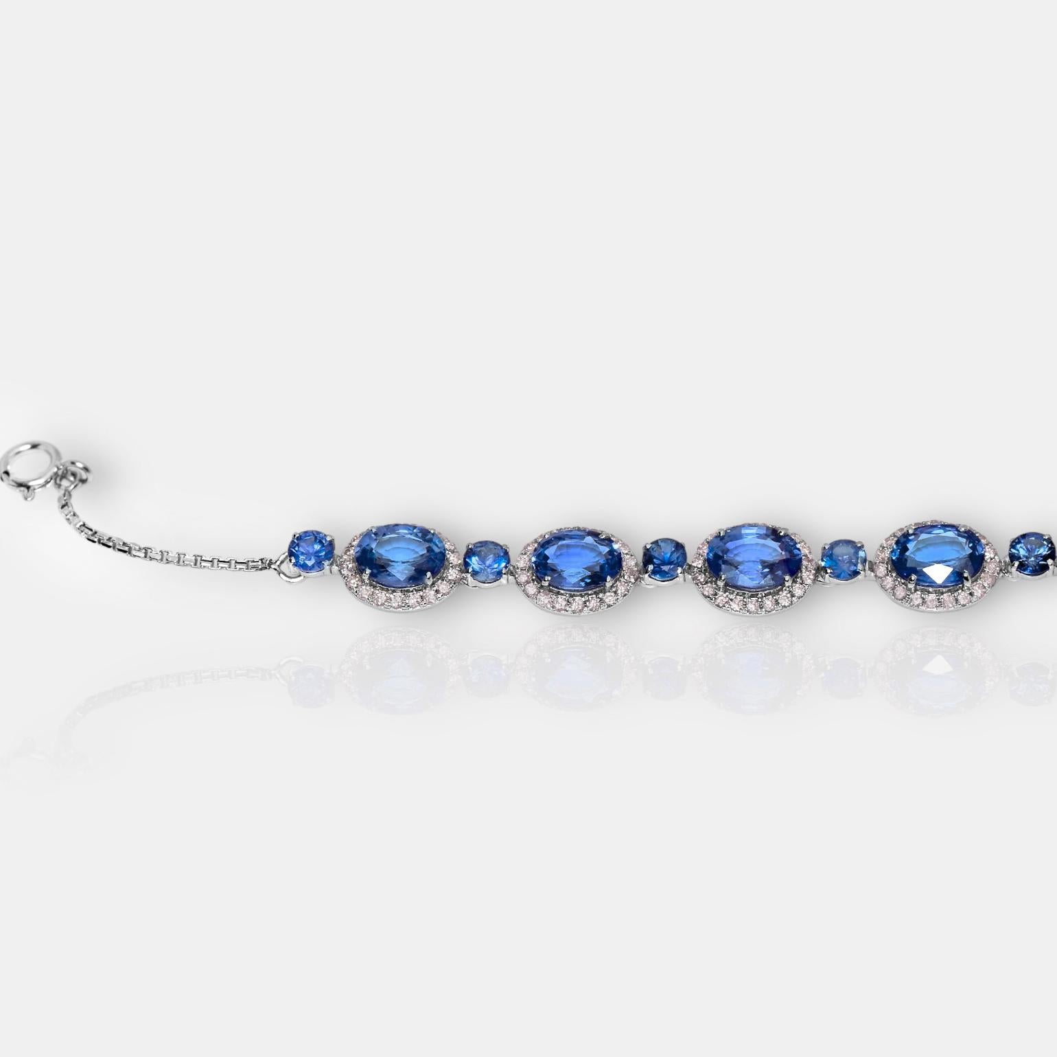 IGI 14k 10.53 Ct Blue Sapphires&Pink Diamonds Antique Art Deco Tennis Bracelet For Sale 3