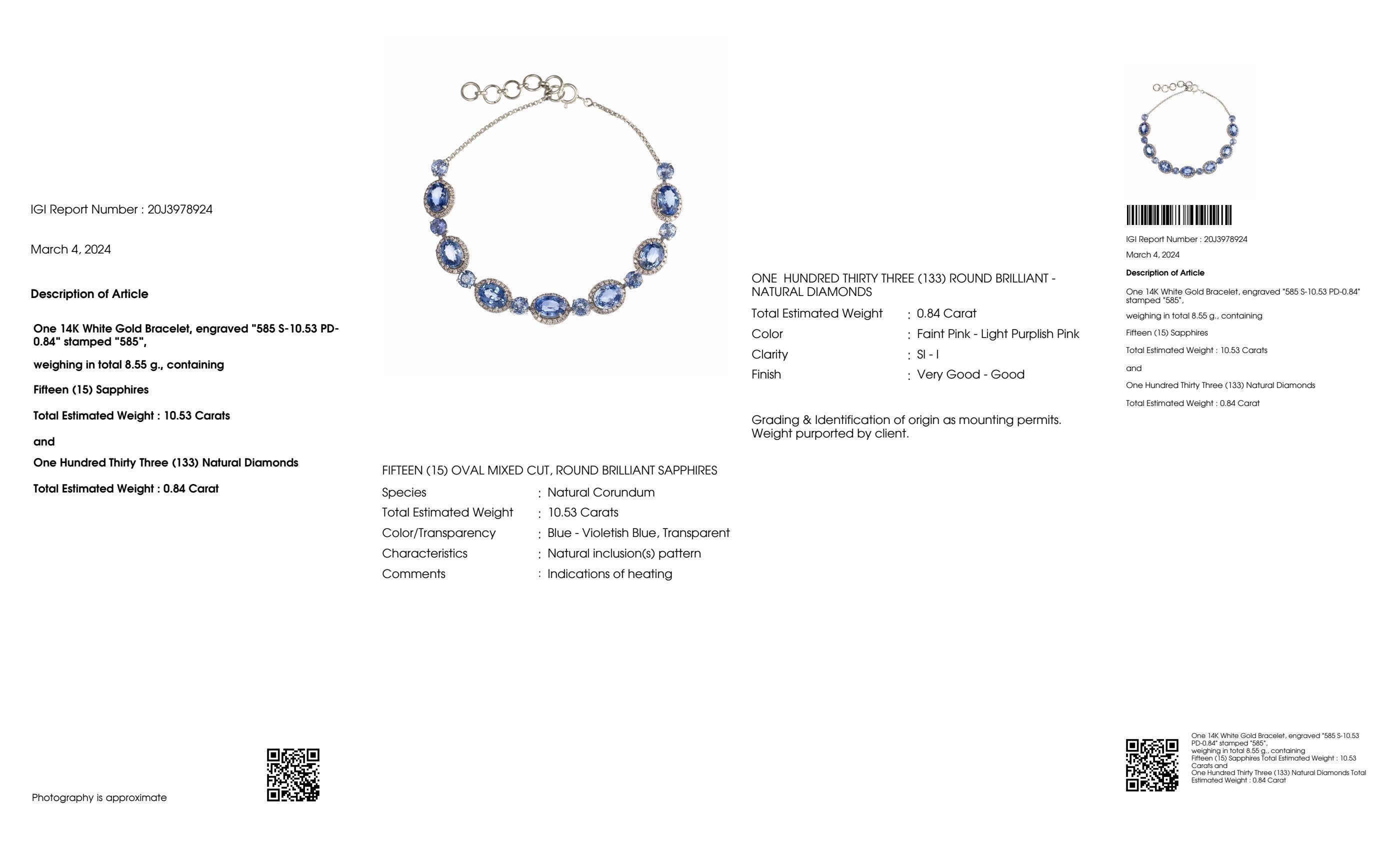 IGI 14k 10.53 Ct Blue Sapphires&Pink Diamonds Antique Art Deco Tennis Bracelet For Sale 4