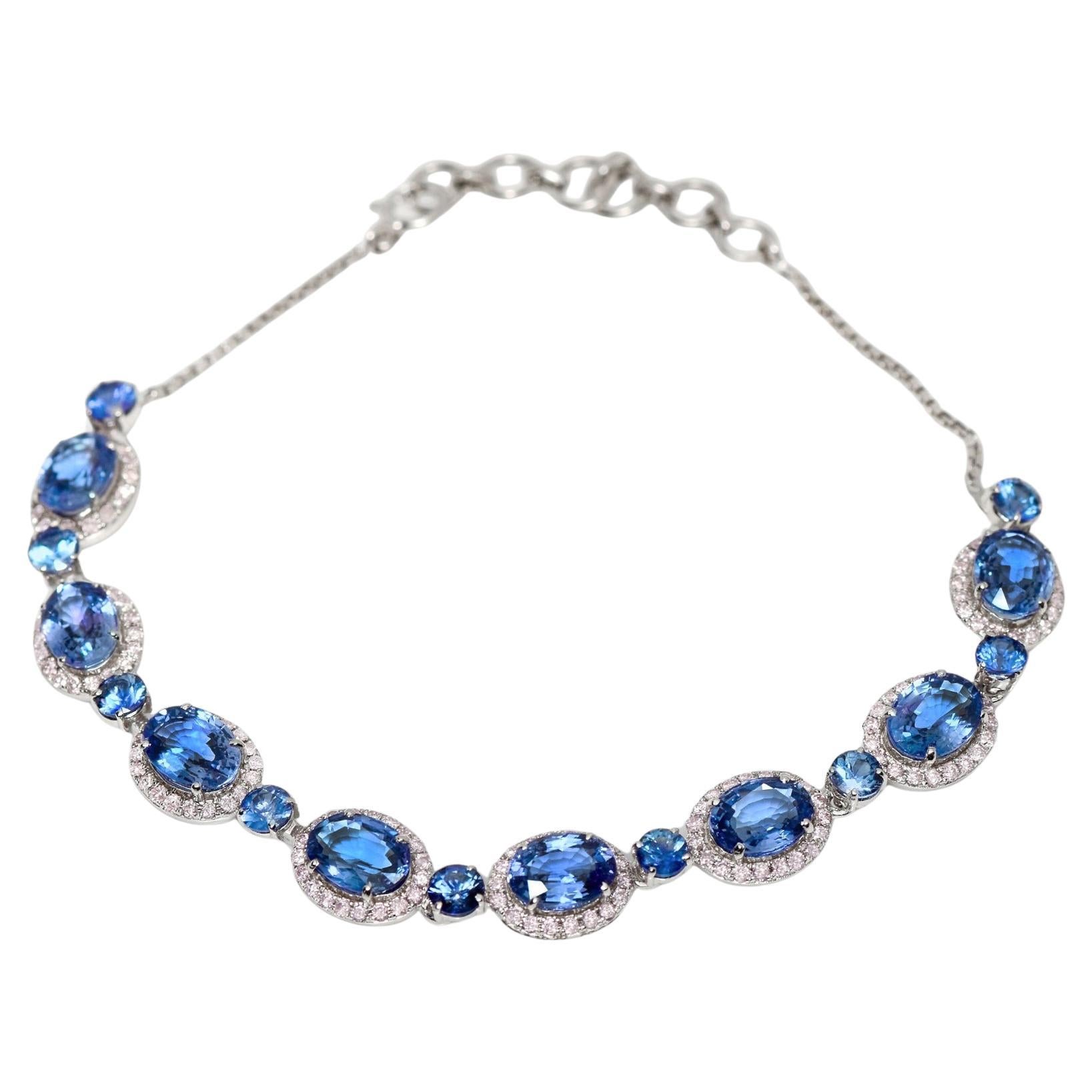 IGI 14k 10.53 Ct Blue Sapphires&Pink Diamonds Antique Art Deco Tennis Bracelet For Sale