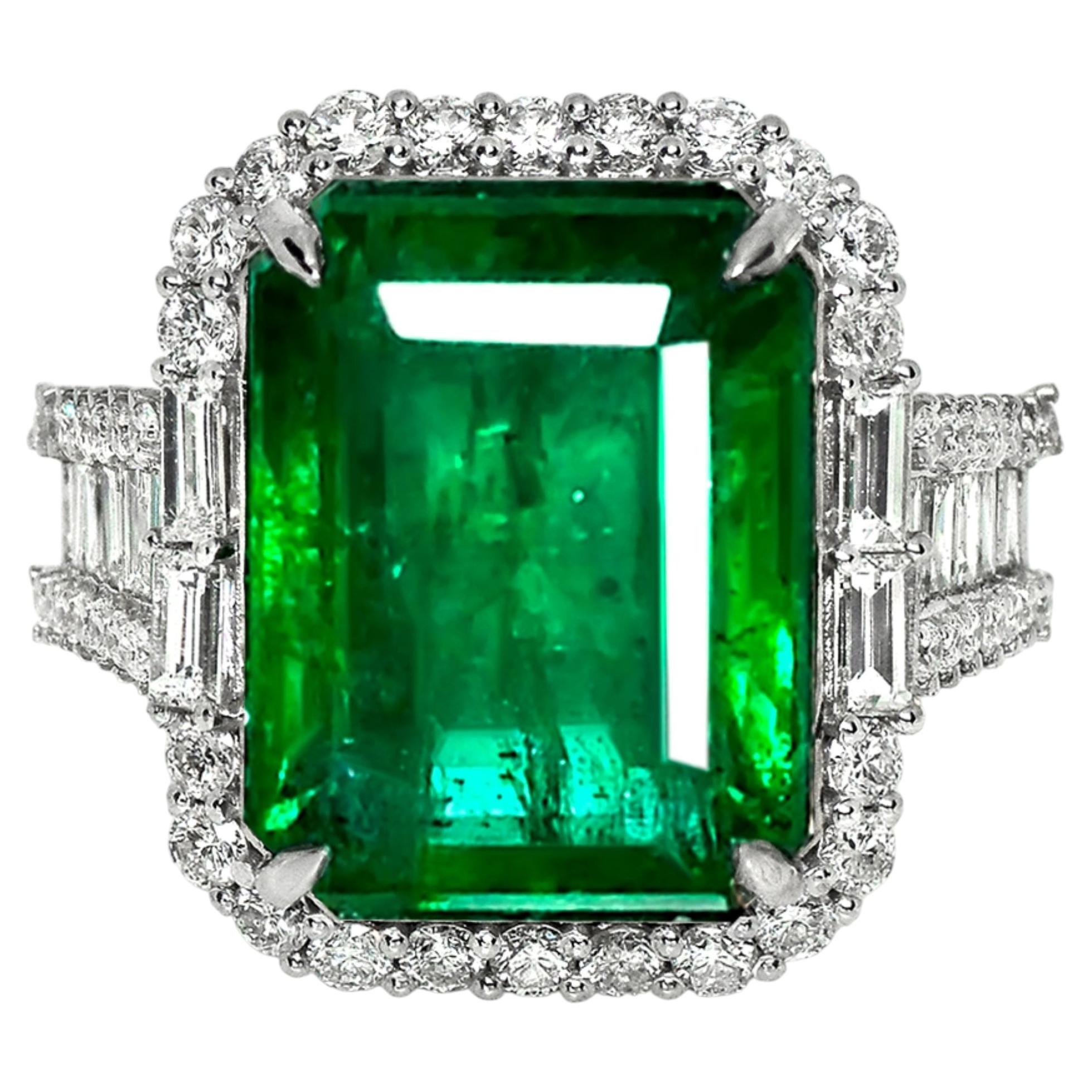 IGI 14K 10.62 Ct Natural Vivid Green Emerald&Diamonds Art Deco Engagement Ring