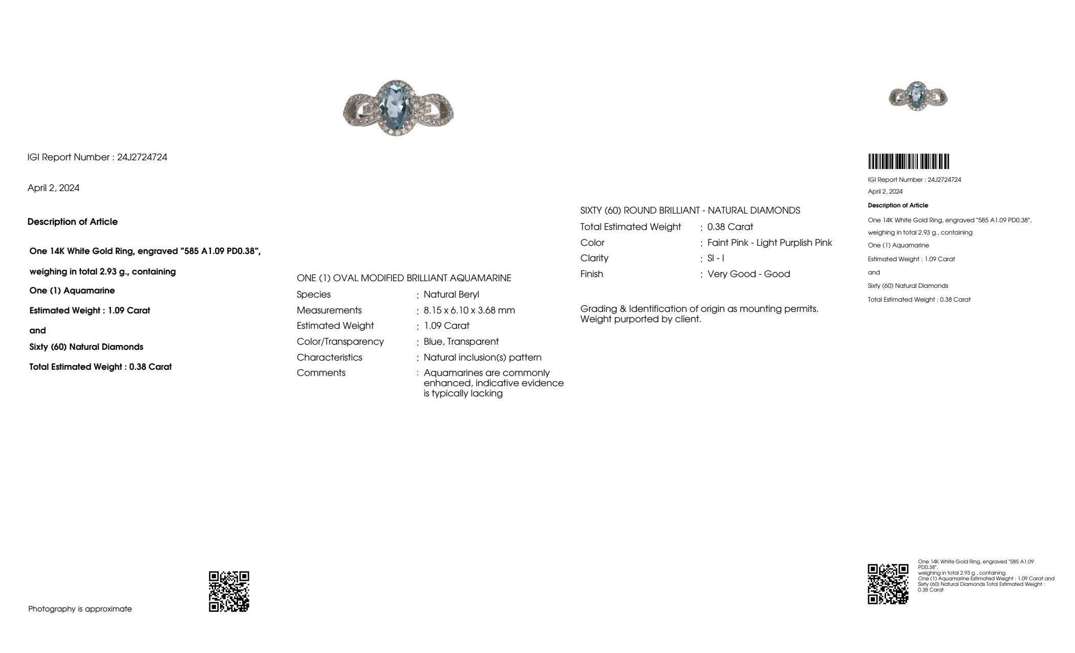 IGI 14K 1.09 Ct Aquamarine&Pink Diamonds Antique Art Deco Style Engagement Ring For Sale 2