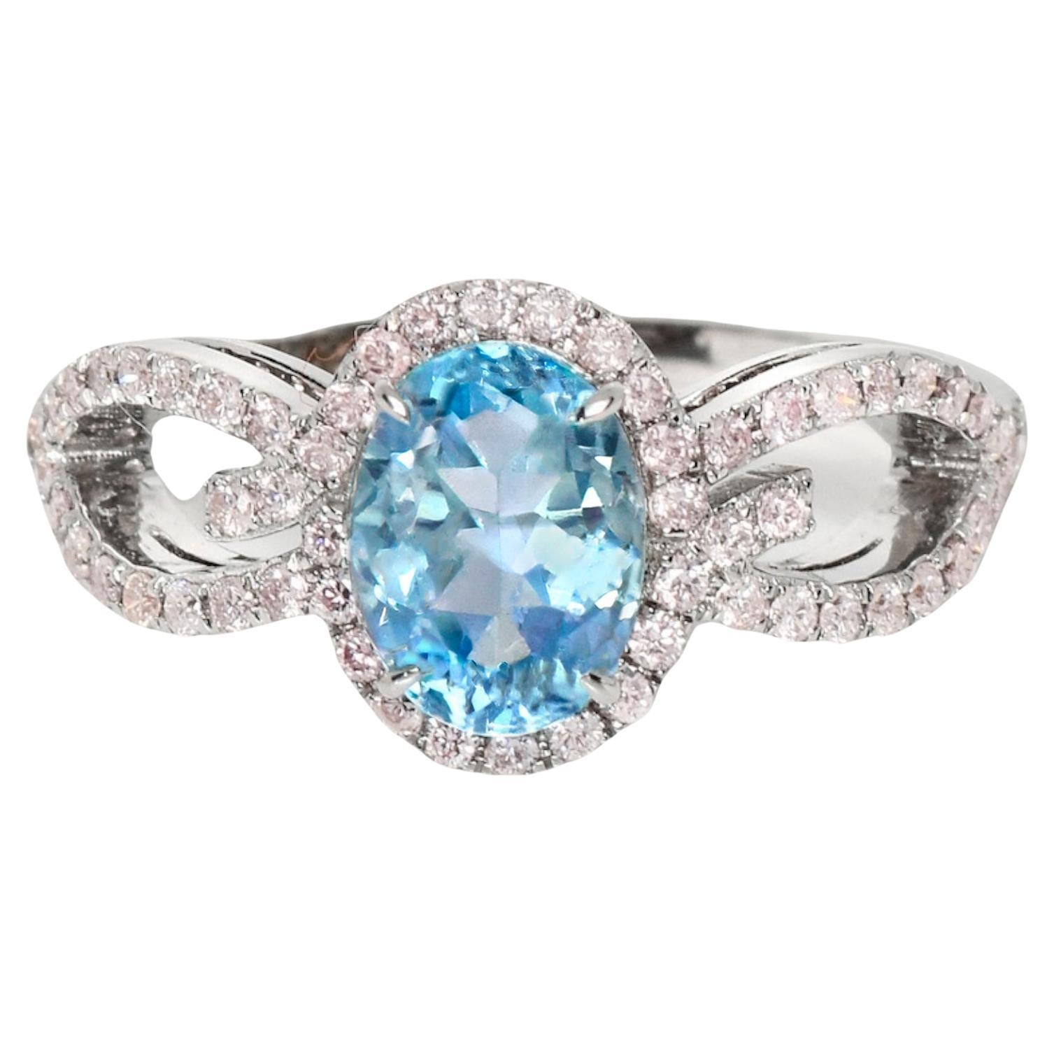 IGI 14K 1.09 Ct Aquamarine&Pink Diamonds Antique Art Deco Style Engagement Ring