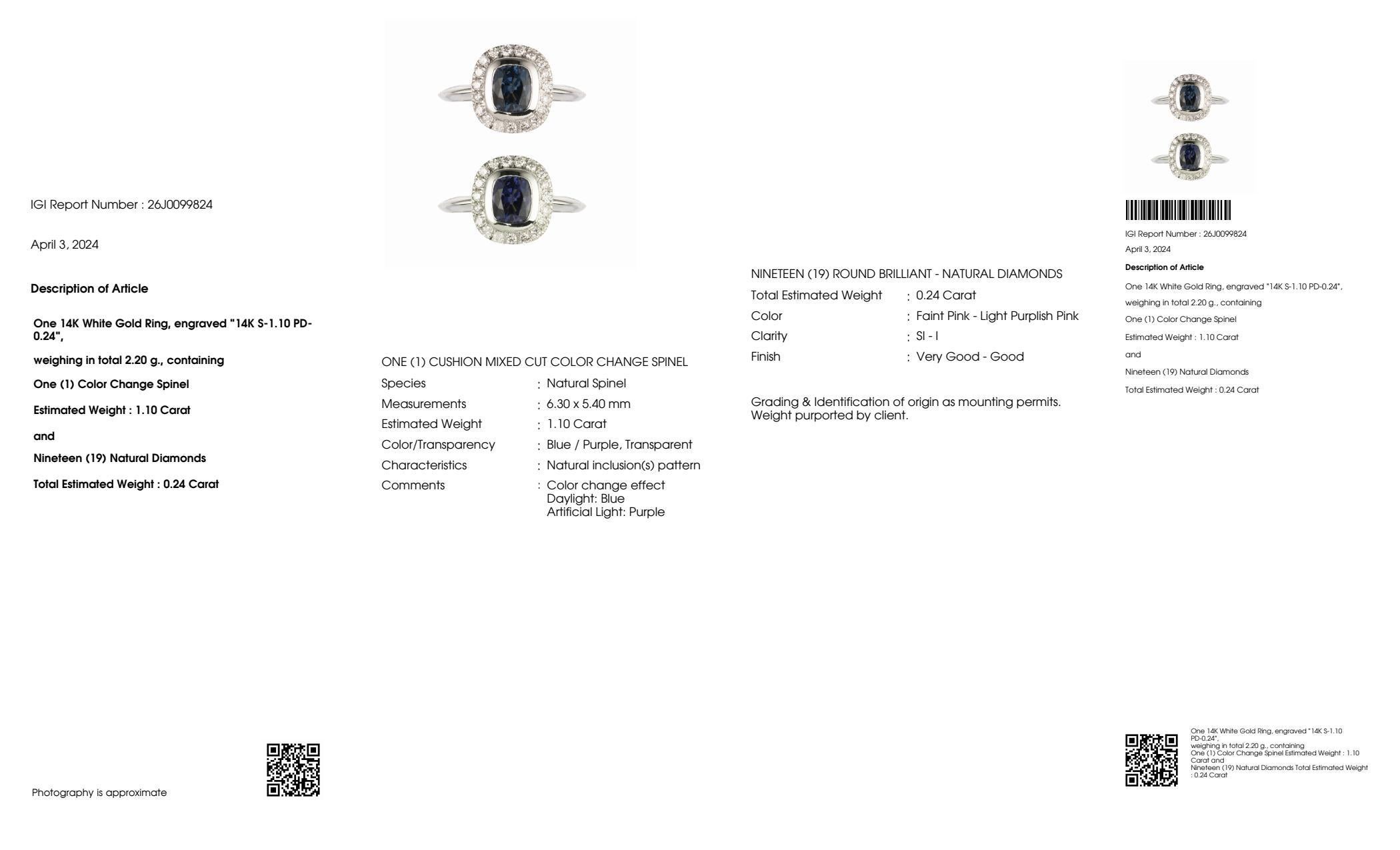 IGI 14K 1.10 Ct Color Change Blue Spinel&Pink Diamonds Antique Engagement Ring For Sale 2