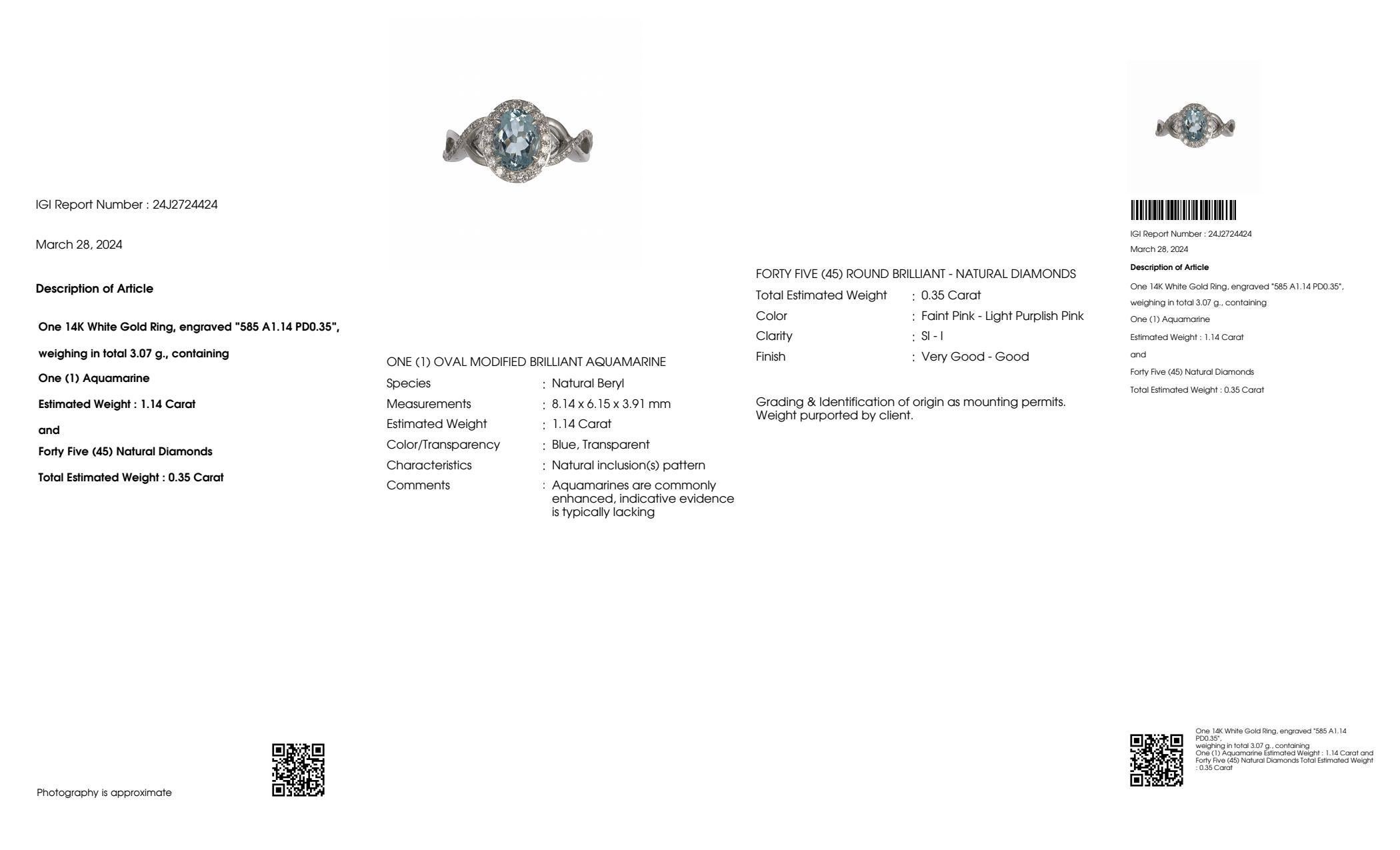 IGI 14K 1.14 Ct Aquamarine&Pink Diamonds Antique Art Deco Style Engagement Ring For Sale 2